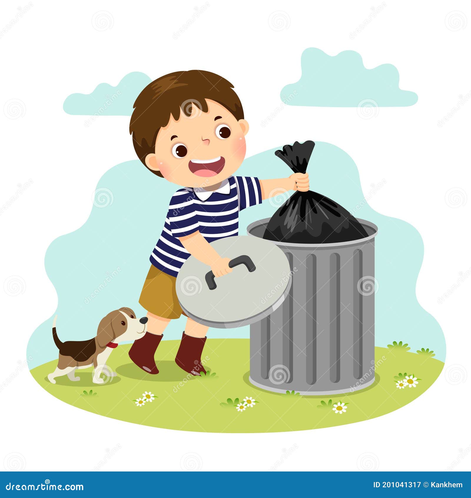 cartoon of a little boy taking out the trash. kids doing housework chores at home concept