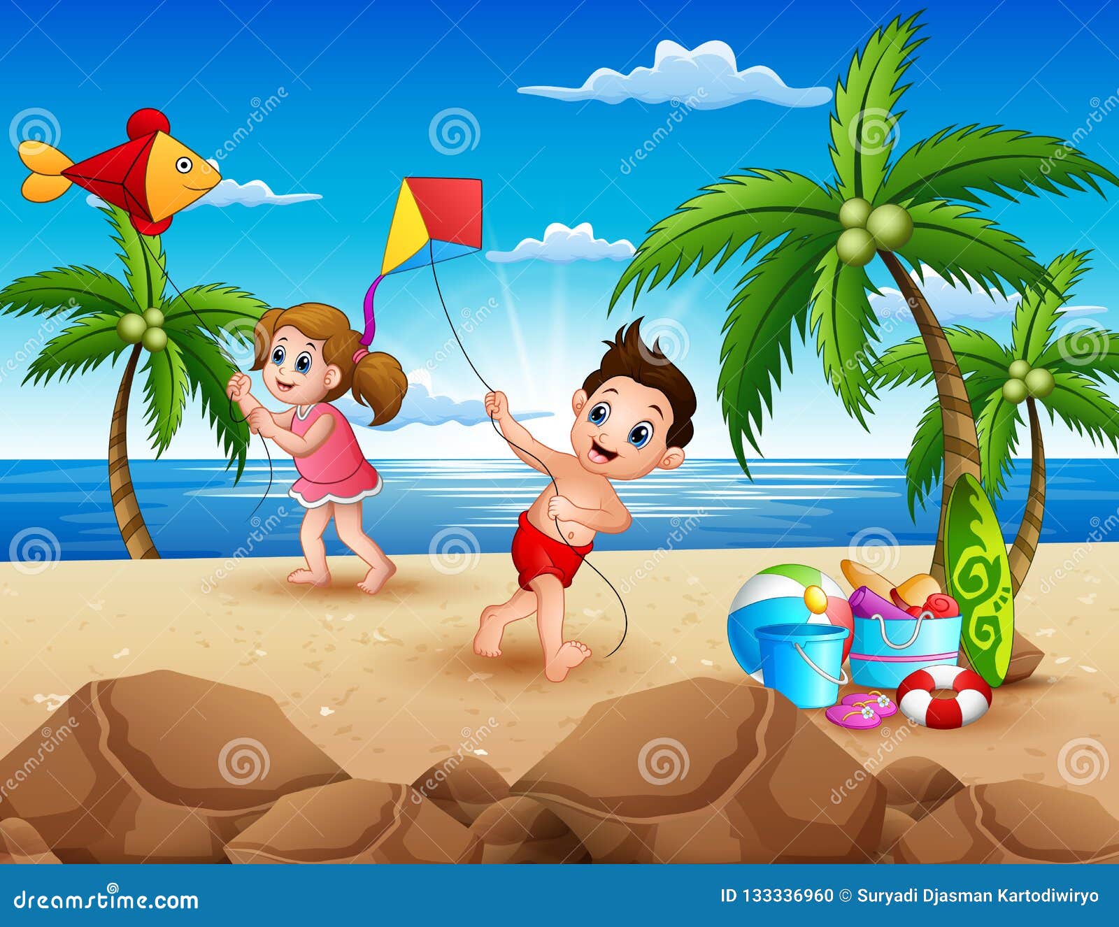 cartoon of little children playing with kites on the beach