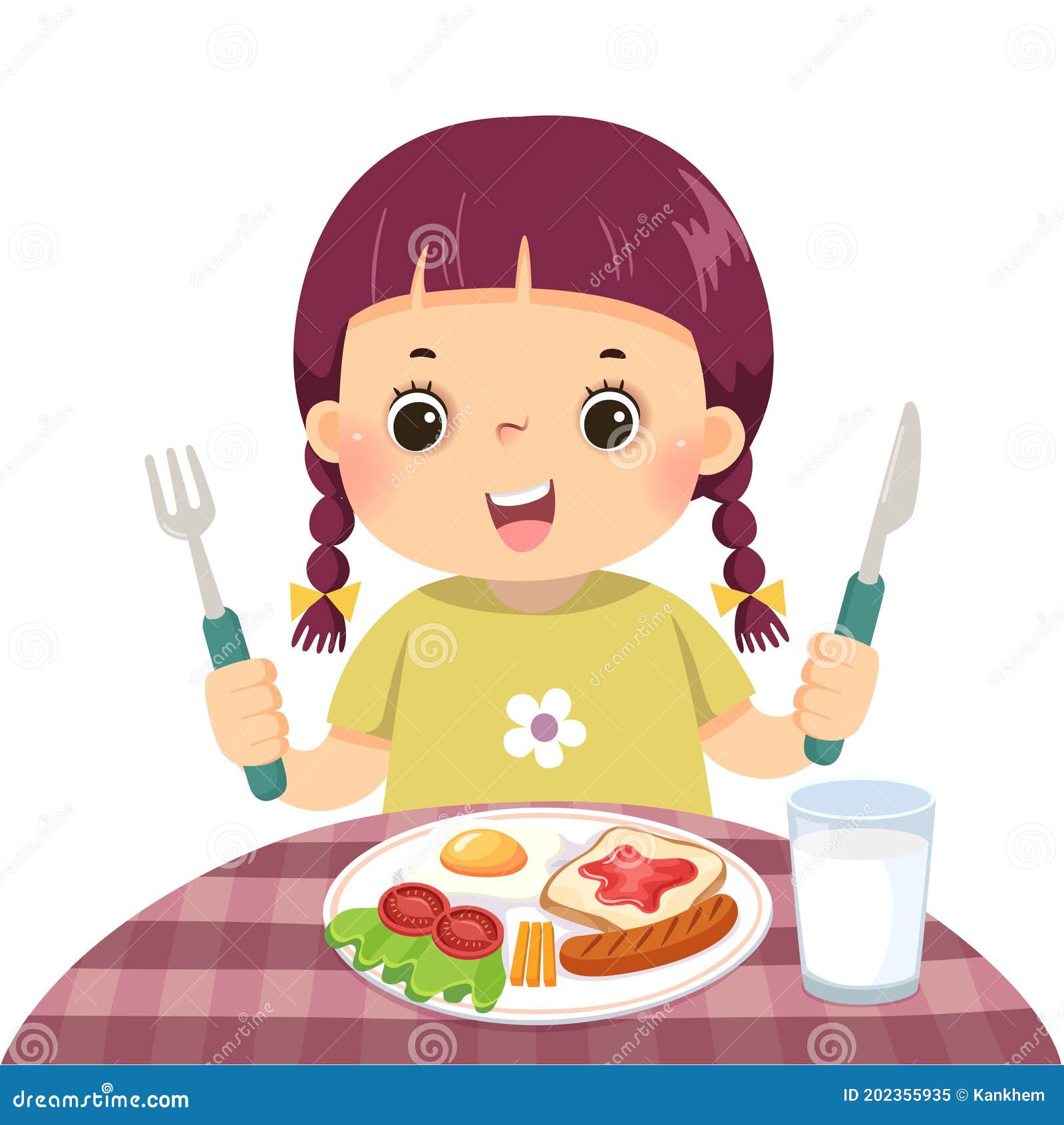 Cartoon of a Little Girl Eating Breakfast Stock Vector - Illustration of  lifestyle, happy: 202355935