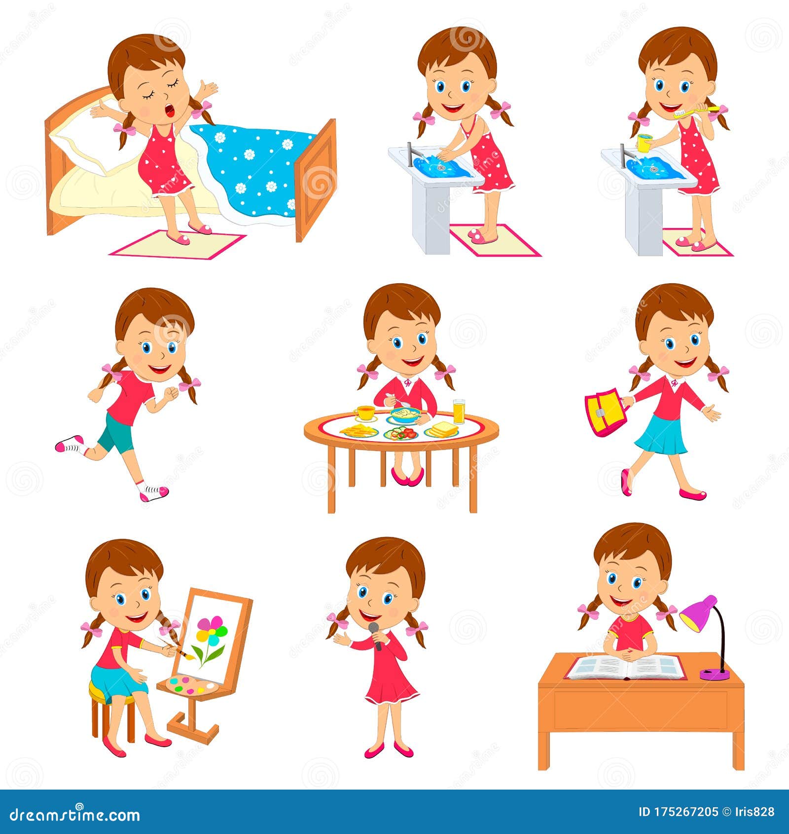 Cartoon Little Girl daily Routine Stock Vector - Illustration of brush ...