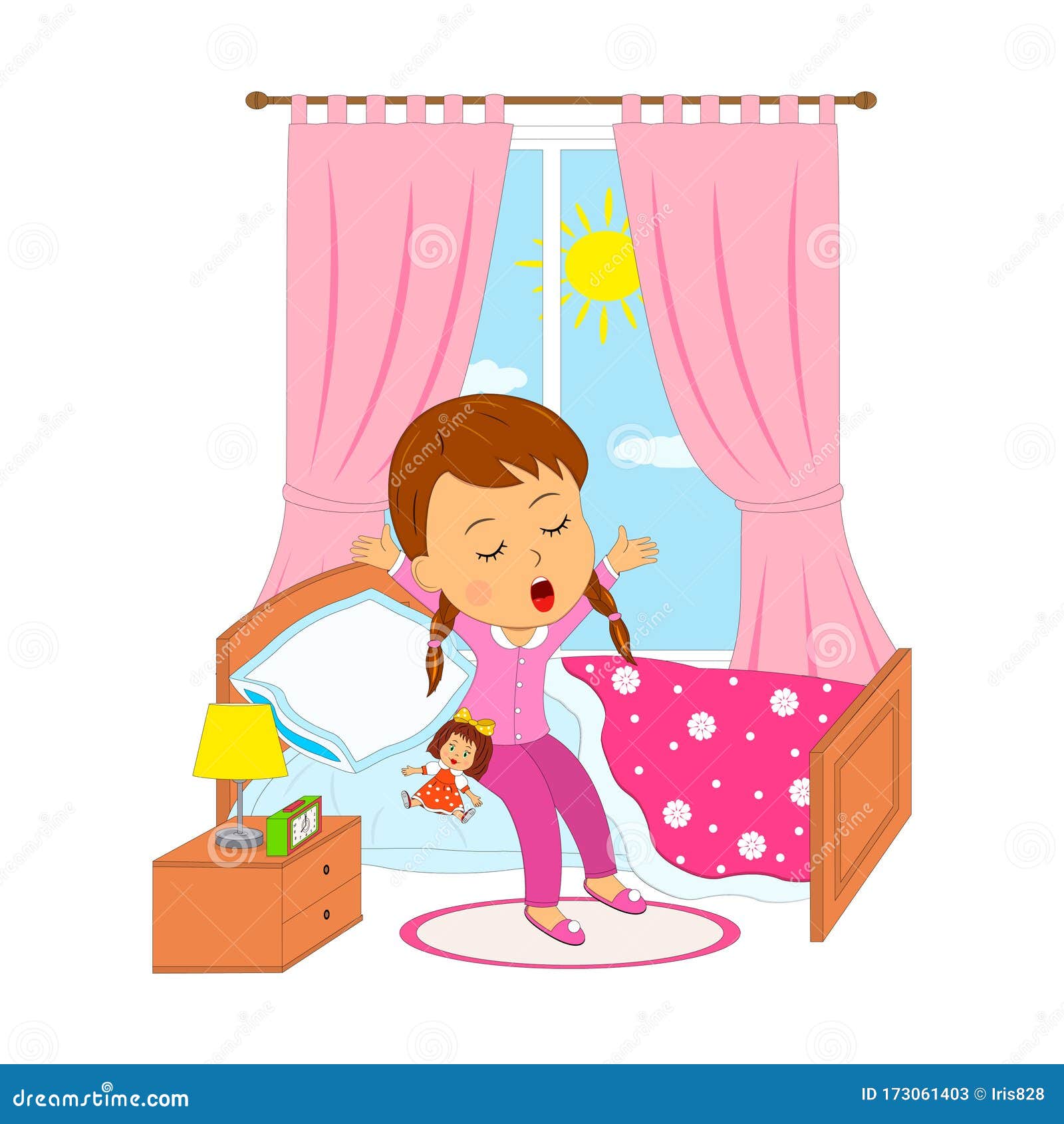 Cartoon Little Girl Waking Up Stock Vector - Illustration of home, wake ...