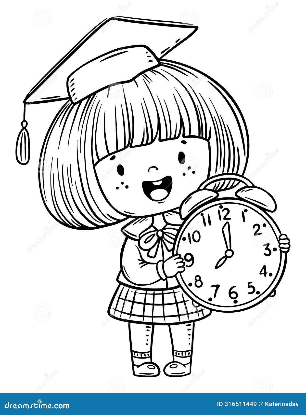 cartoon little schoolkid teach how to tell time and read a clock. child telling time black and white  