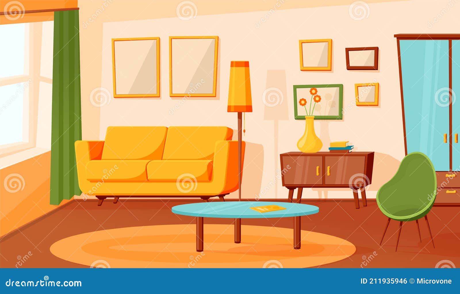 Cartoon Living Room Interior. Flat Empty Sofa, Indoor Area Design Stock  Vector - Illustration of scene, cartoon: 211935946