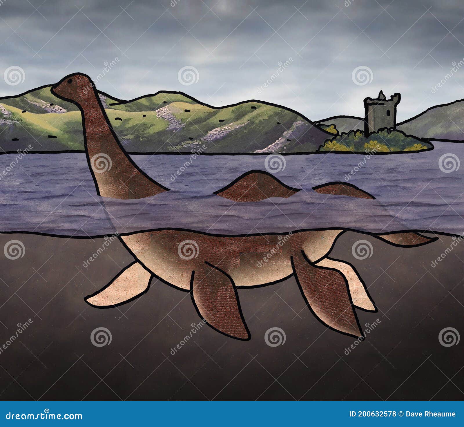 Cartoon Loch Ness Monster Swims by Urquart Castle Stock Illustration -  Illustration of monster, plesiosaur: 200632578