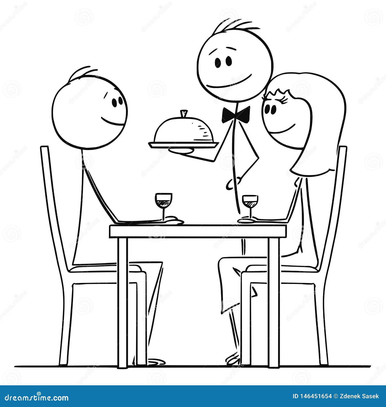 Cartoon of Loving Couple of Man and Woman Sitting Behind Table in  Restaurant while Waiter Serving Food Stock Vector - Illustration of date,  dinner: 146451654