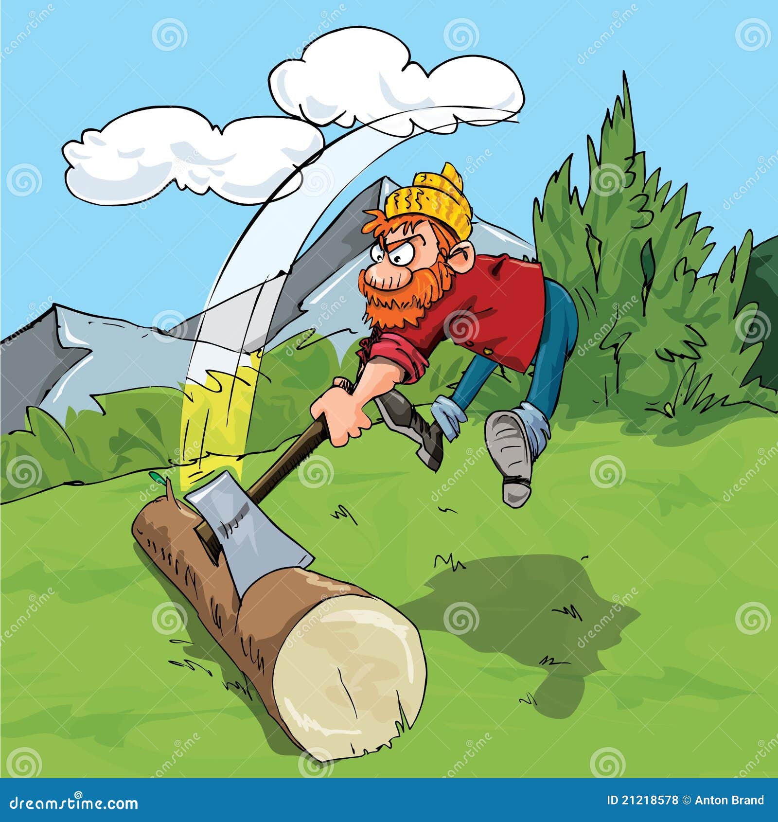 cartoon lumberjack chopping a huge log