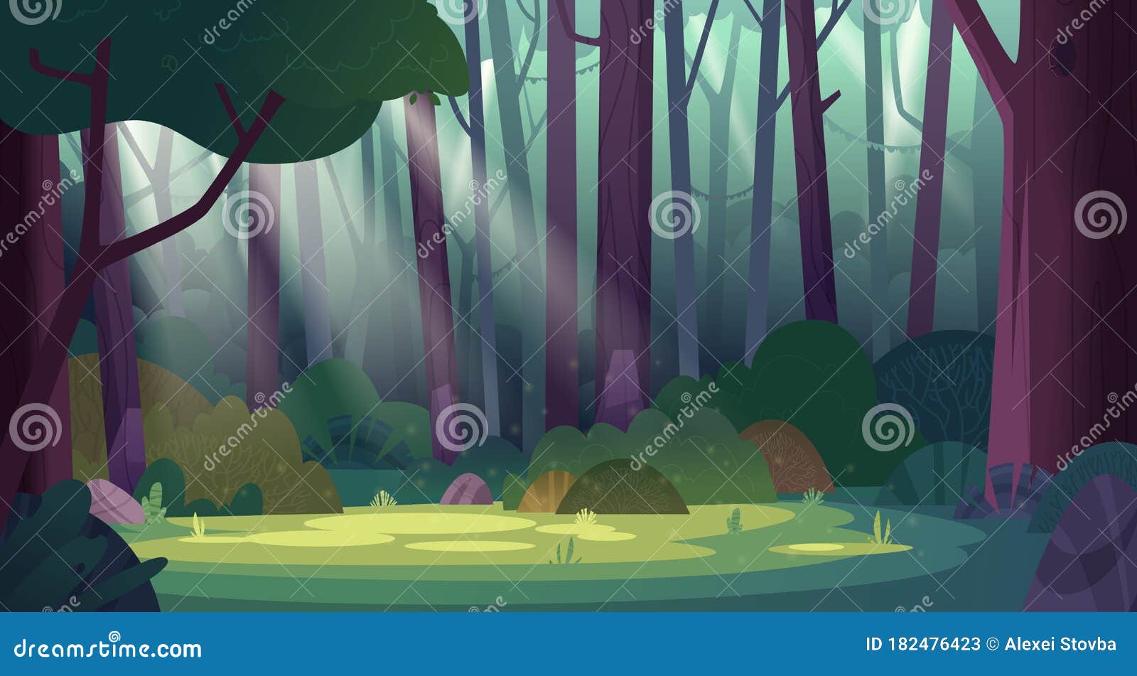 Cartoon Magic Summer Jungle Forest Glade with Sunbeams. Forest Wilderness  Landscape. Stock Vector - Illustration of jungle, country: 182476423