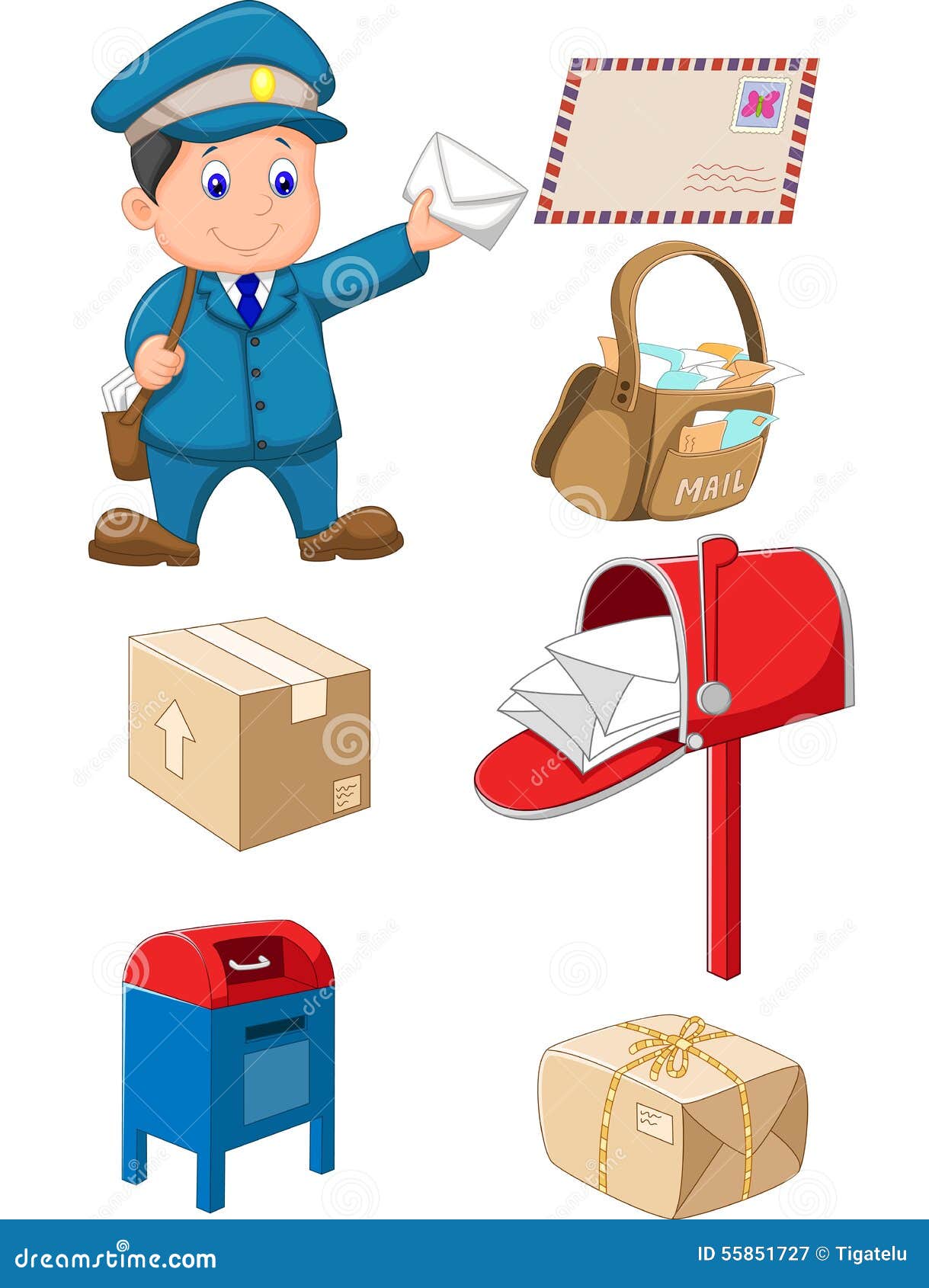 cartoon mail carrier with bag and letter