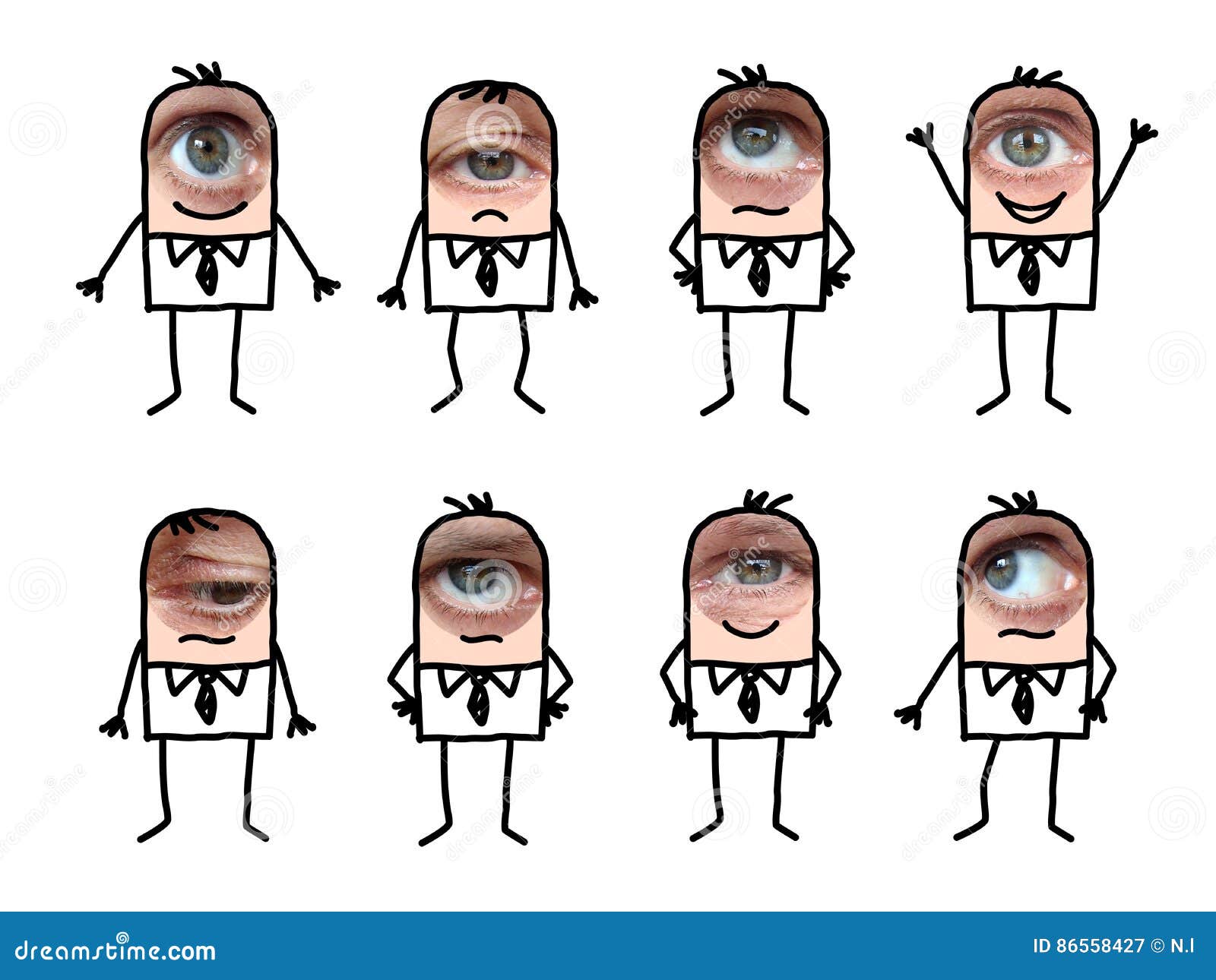 Cartoon Male Characters with Real Eye Stock Illustration Illustration