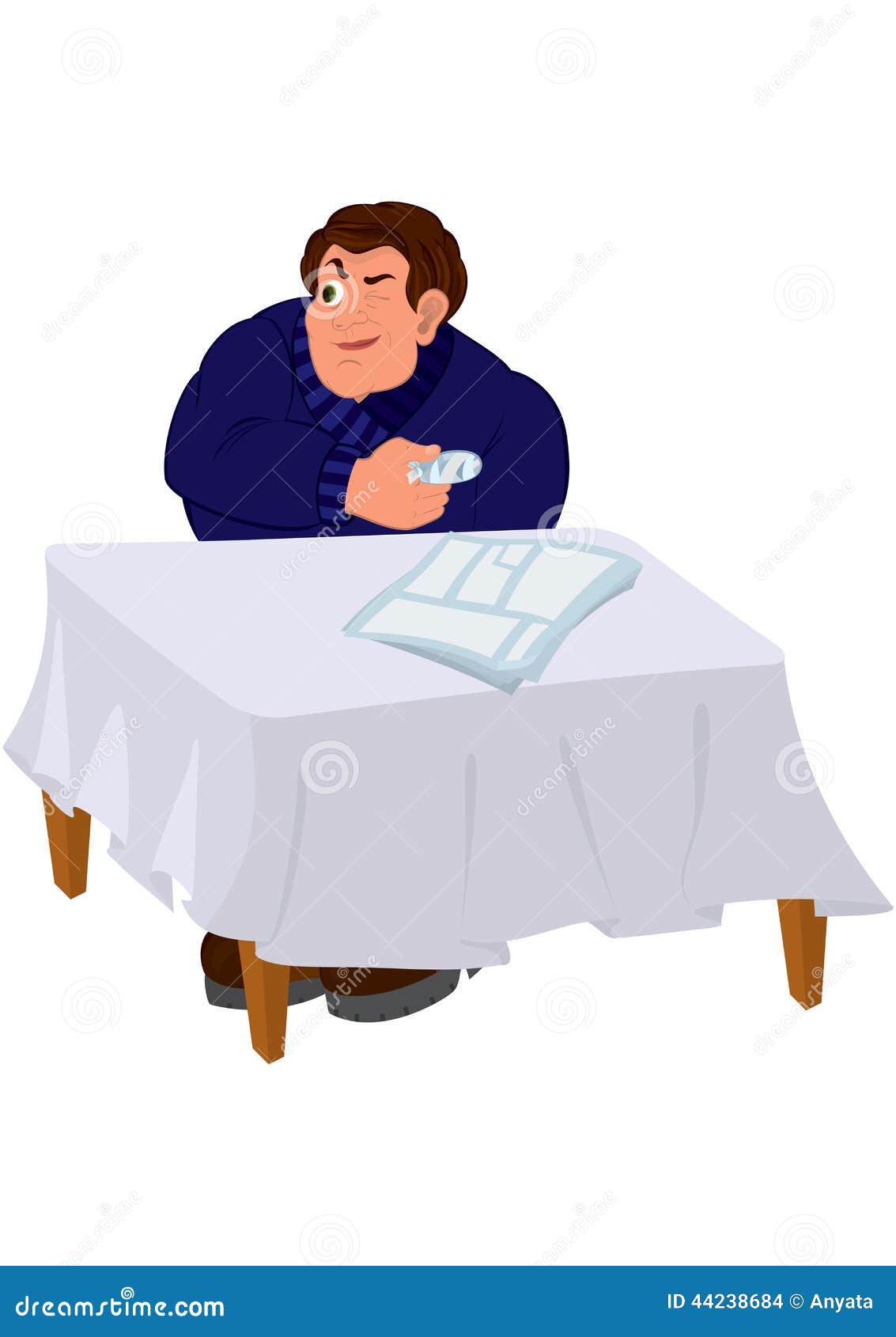 Cartoon Man in Blue Sweater Sitting at the Table with Injured Finger ...