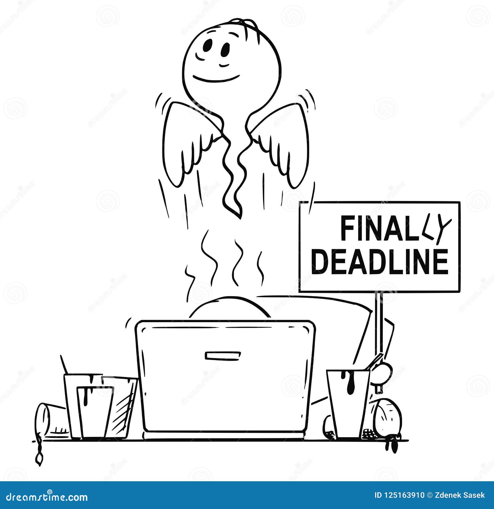 cartoon of man or businessman who died while working on computer and holding finally deadline sign