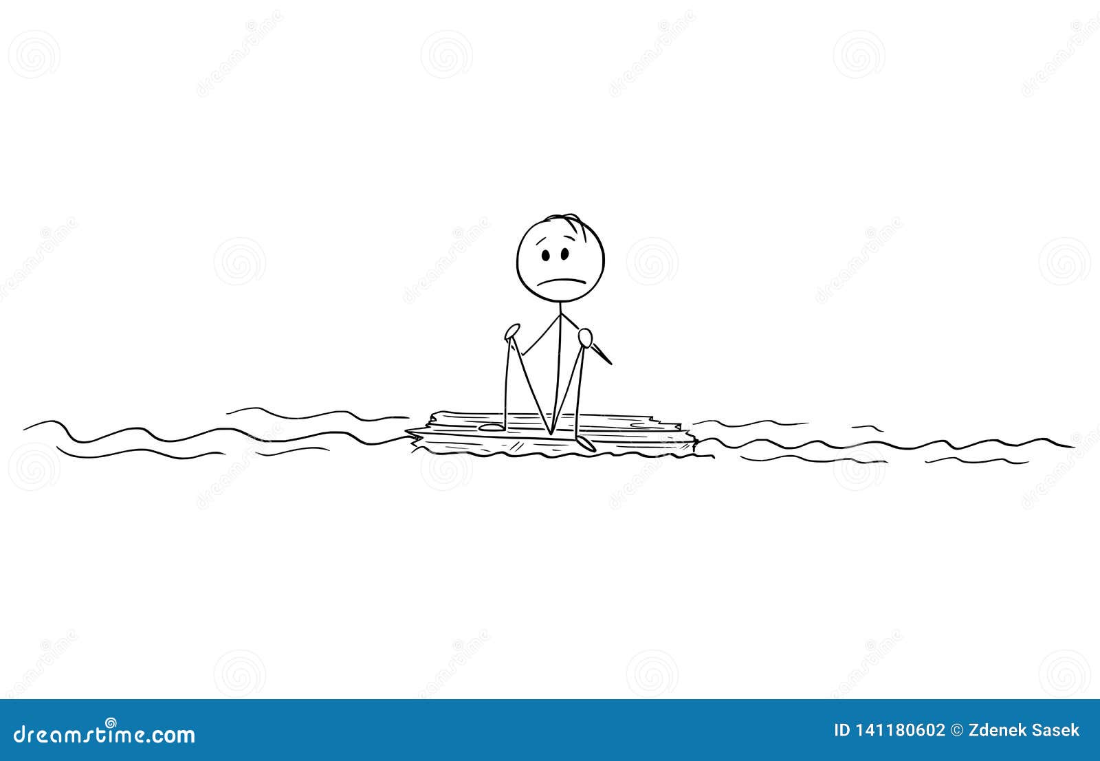 cartoon of man or castaway sitting alone on piece of wood in the middle of ocean