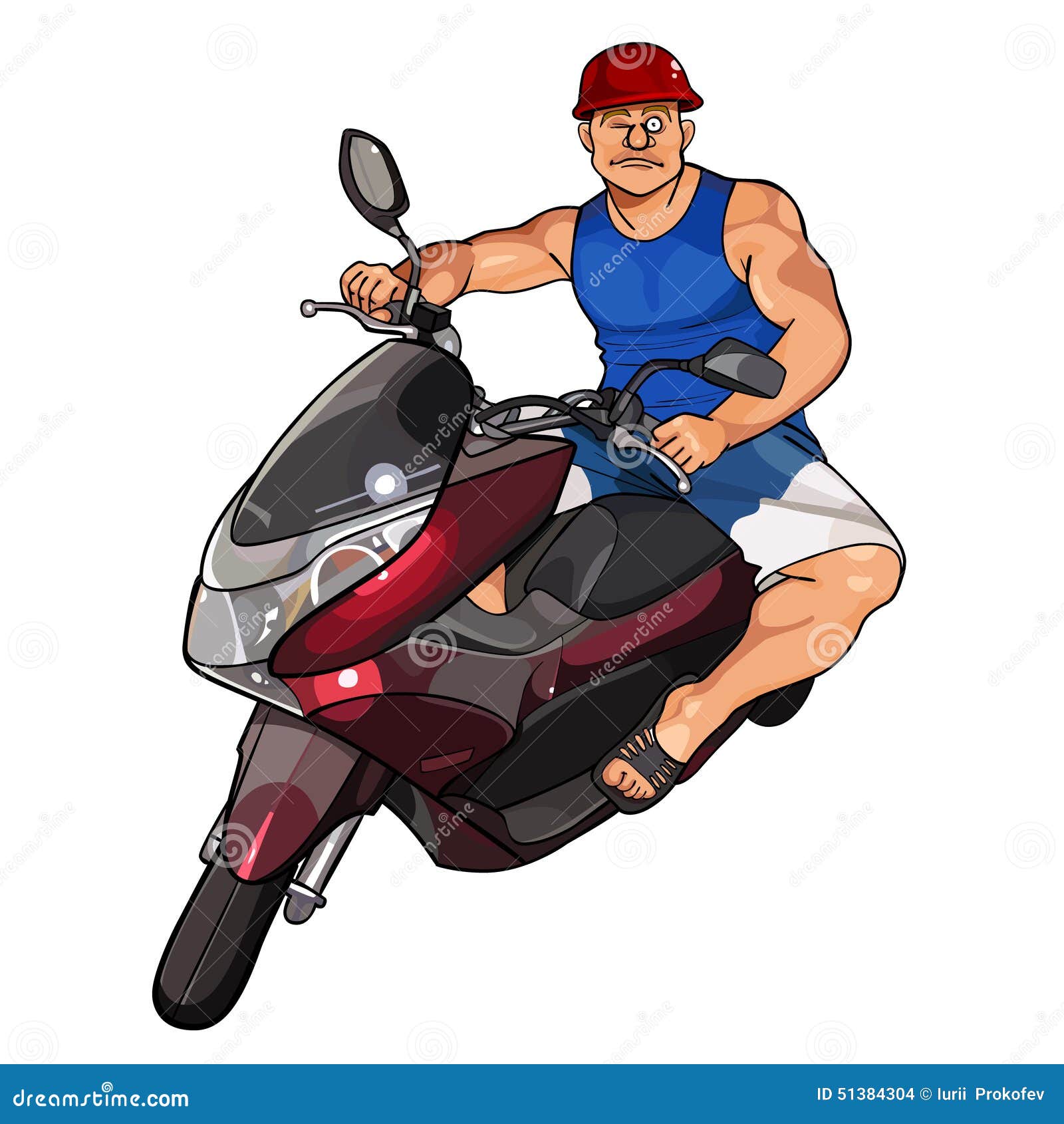 Cartoon Man in a Helmet on a Scooter Stock Vector Illustration of