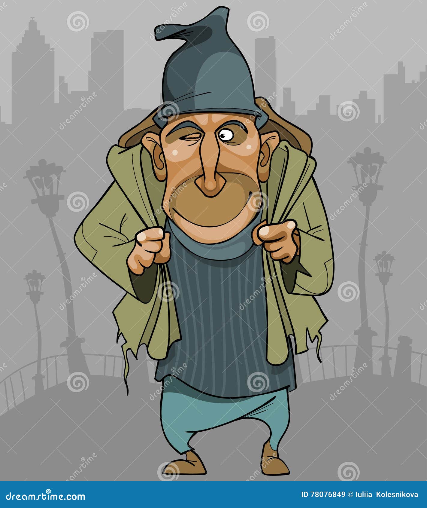 Cartoon Man in Ragged Clothes with a Backpack in the City Stock Vector ...