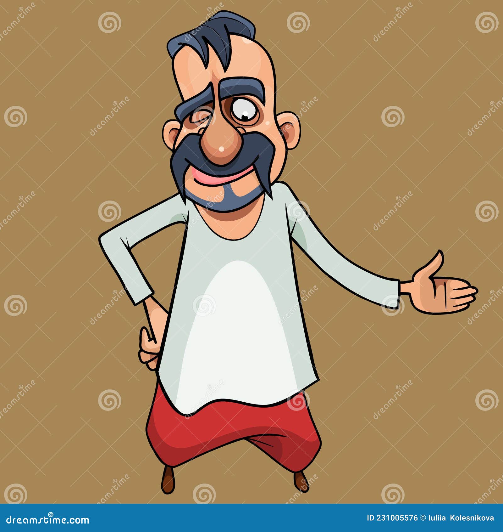 Cartoon Man in Red Trousers with a Long Mustache and a Forelock on His ...