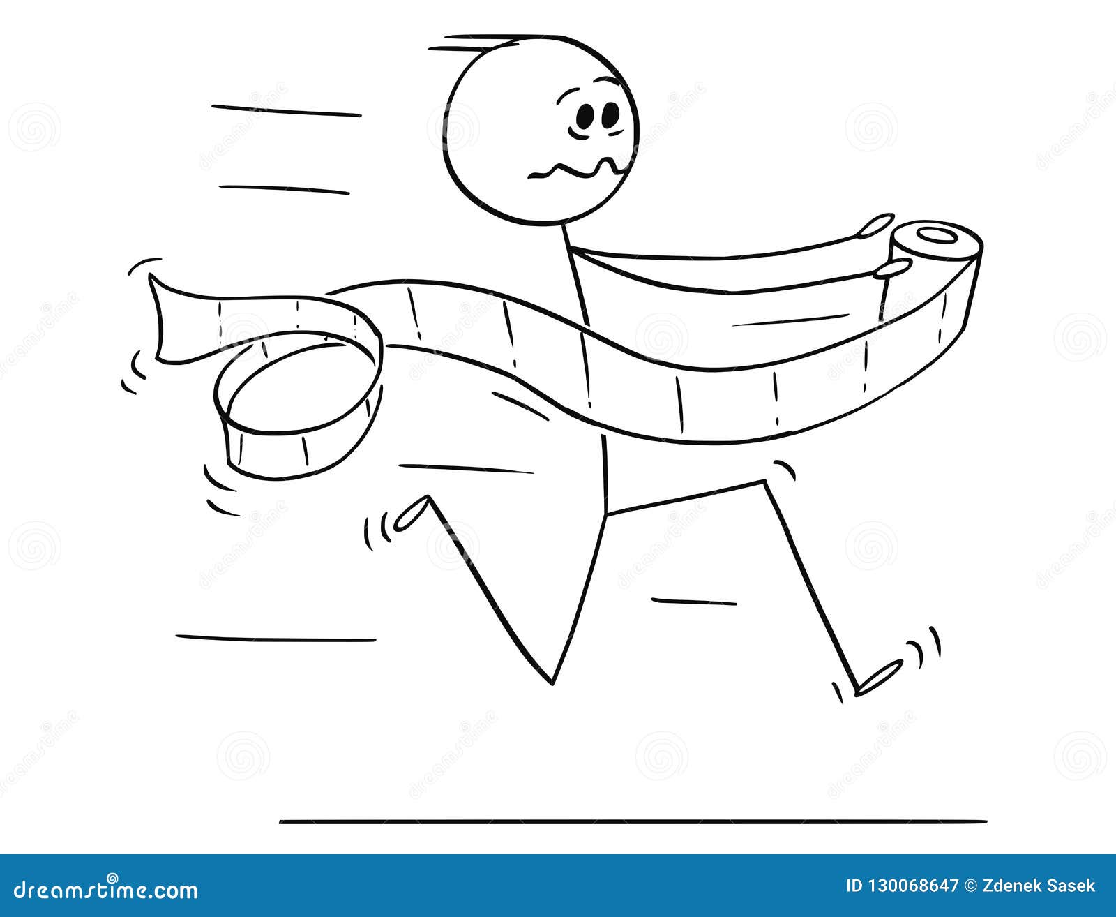 cartoon of man running in panic to toilet or bathroom or lavatory with toilet paper in hand