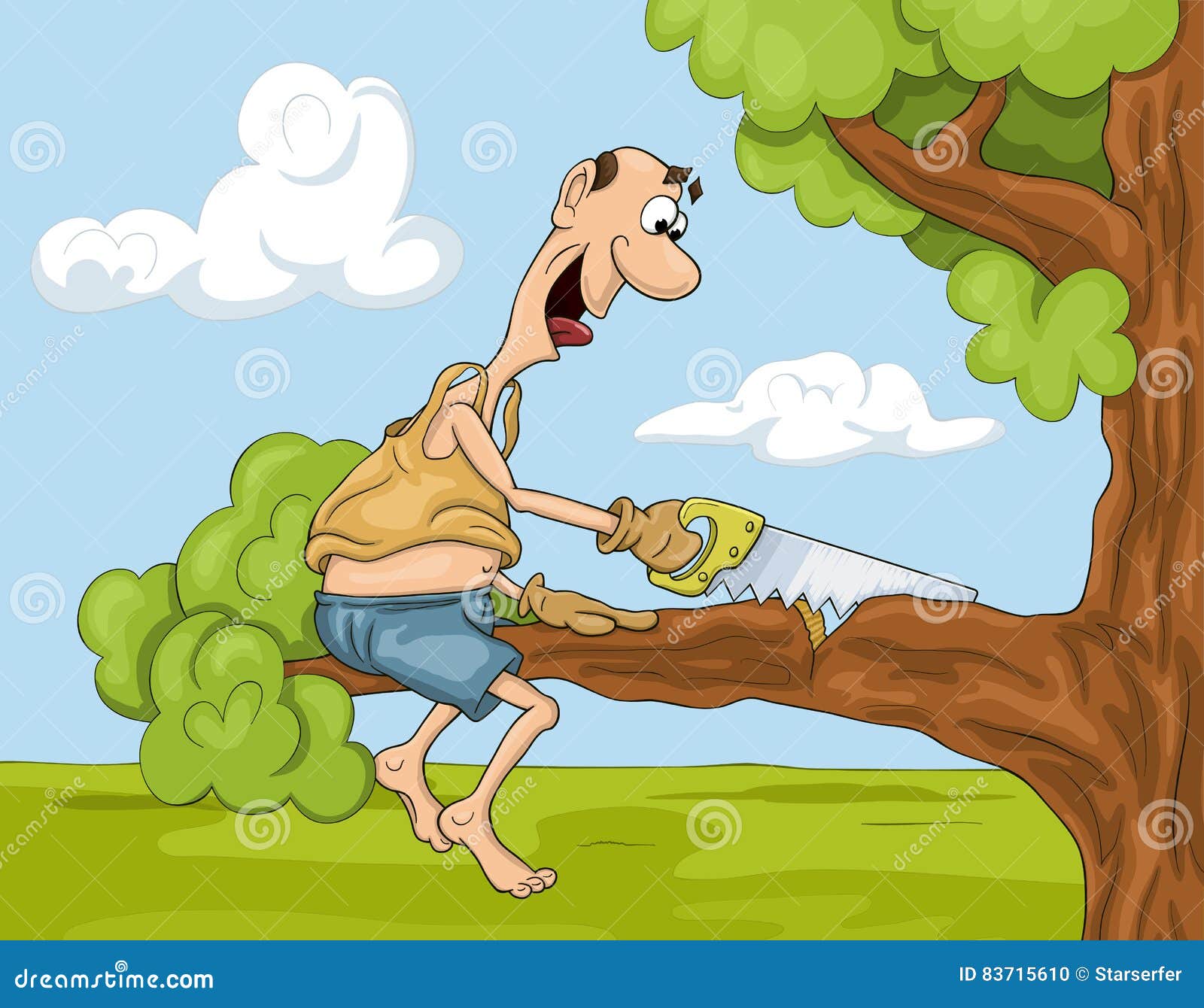 Cartoon Man with Saw on the Tree Stock Vector - Illustration of concept,  stupid: 83715610