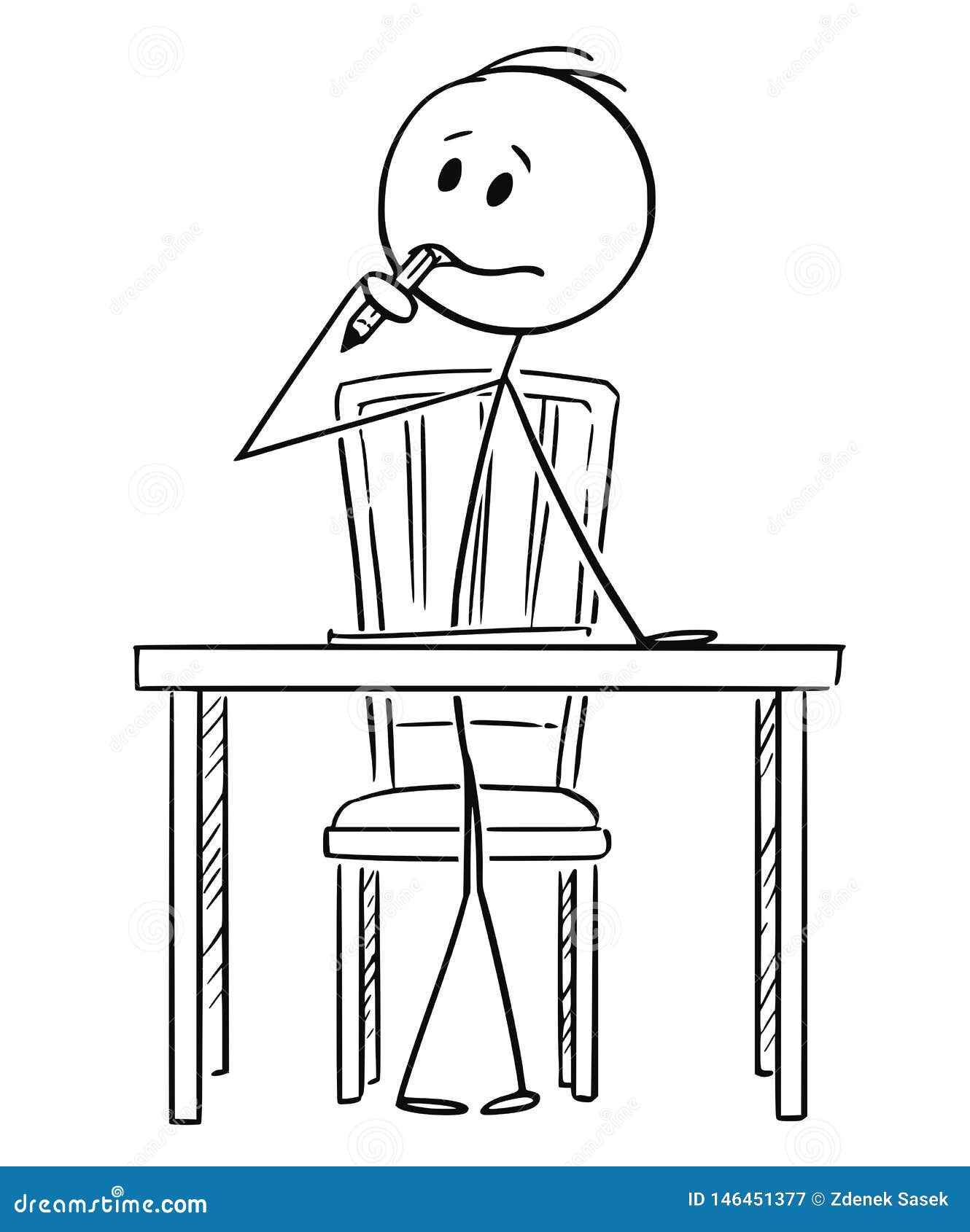 Cartoon Of Man Sitting Behind Desk And Thinking With Pencil In