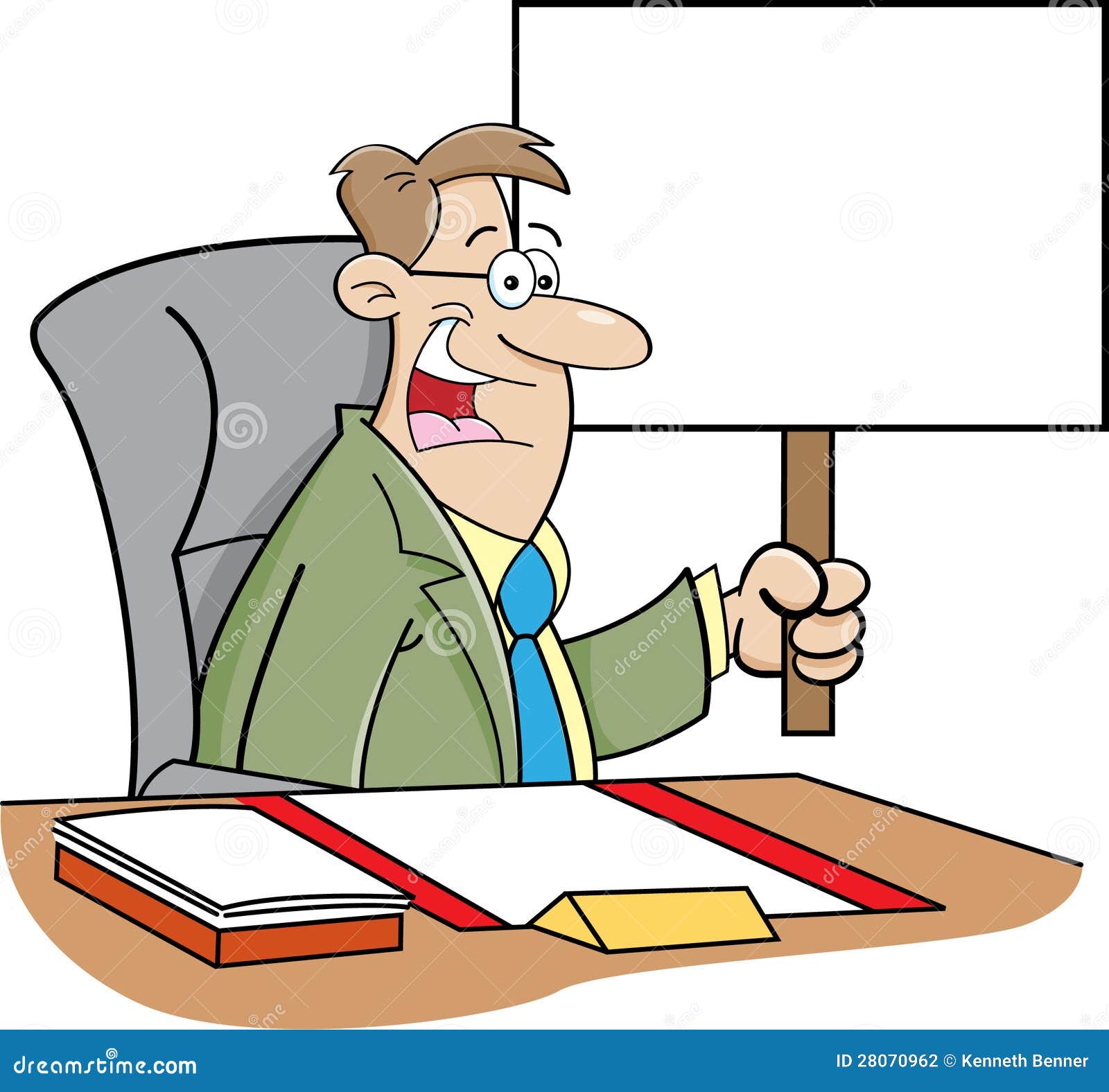 Cartoon Man Sitting At A Desk And Holding A Sign Stock Vector