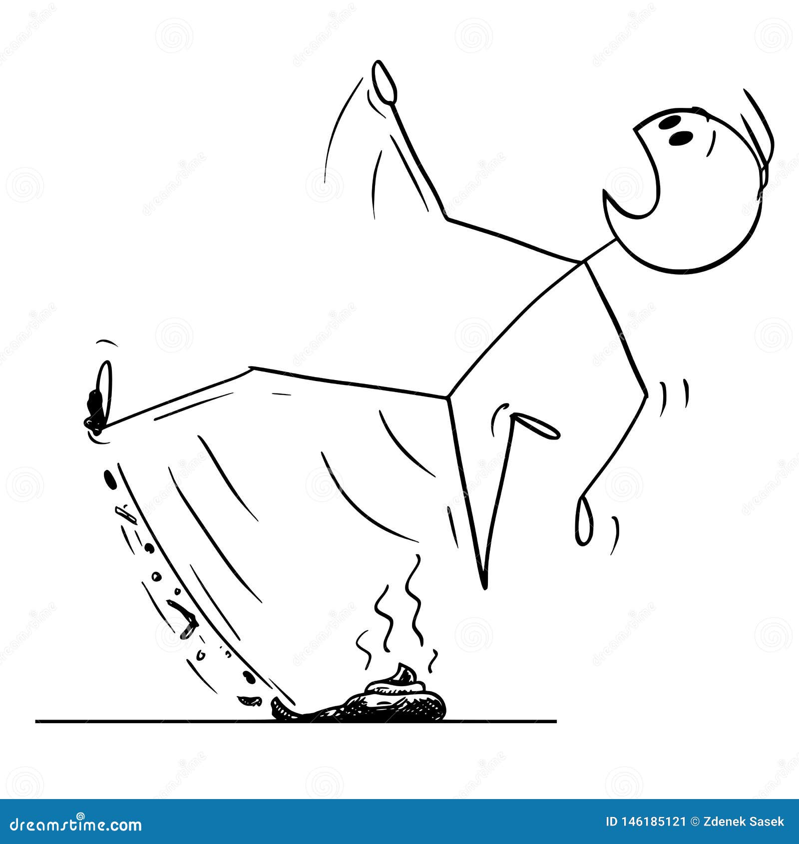 cartoon of man walking and slipping on the dog excrement or poop or shit or stool
