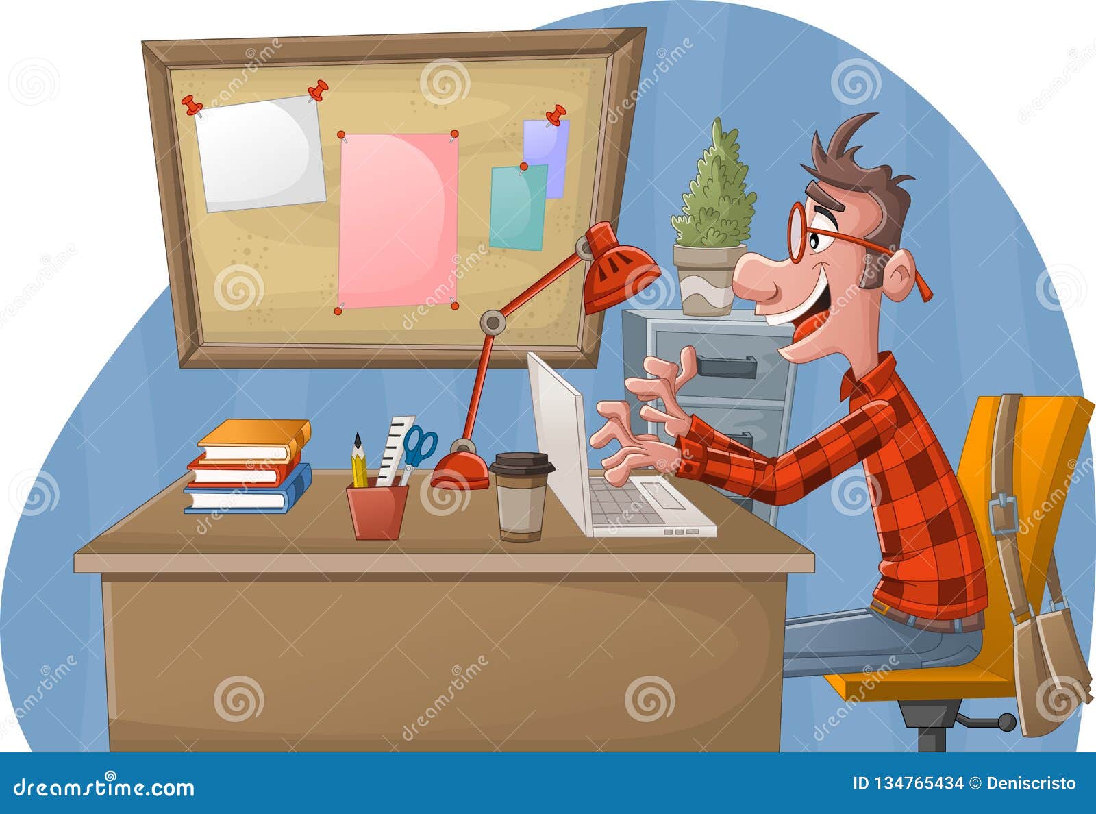 Cartoon Man Working with Computer. Office Workspace with Desks Stock Vector  - Illustration of education, profession: 134765434