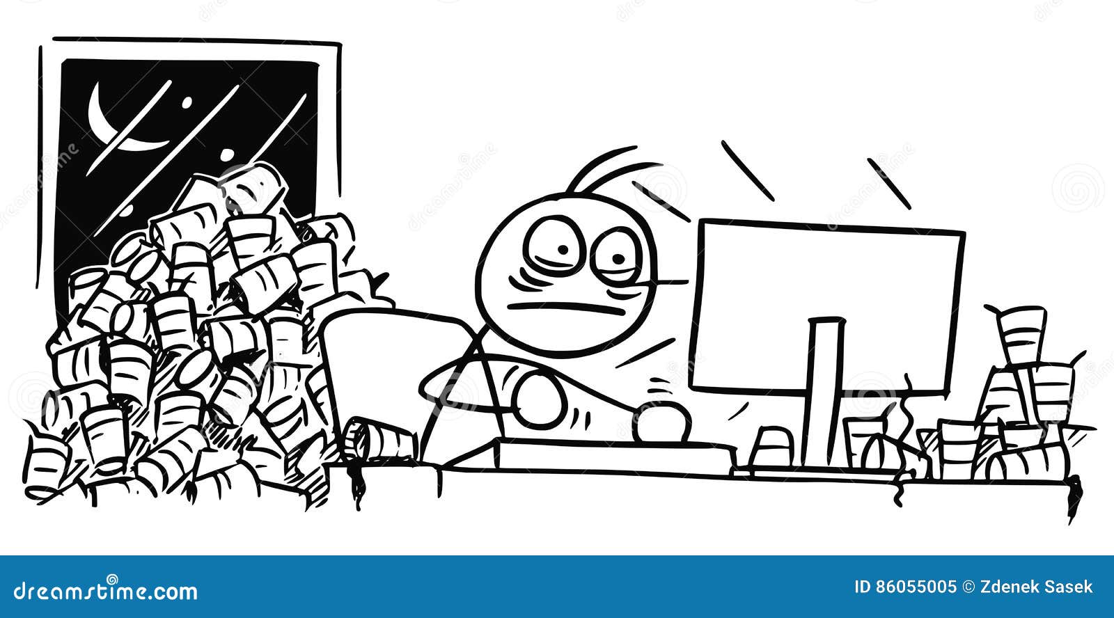 cartoon of man working on computer overnight and drinkig coffee