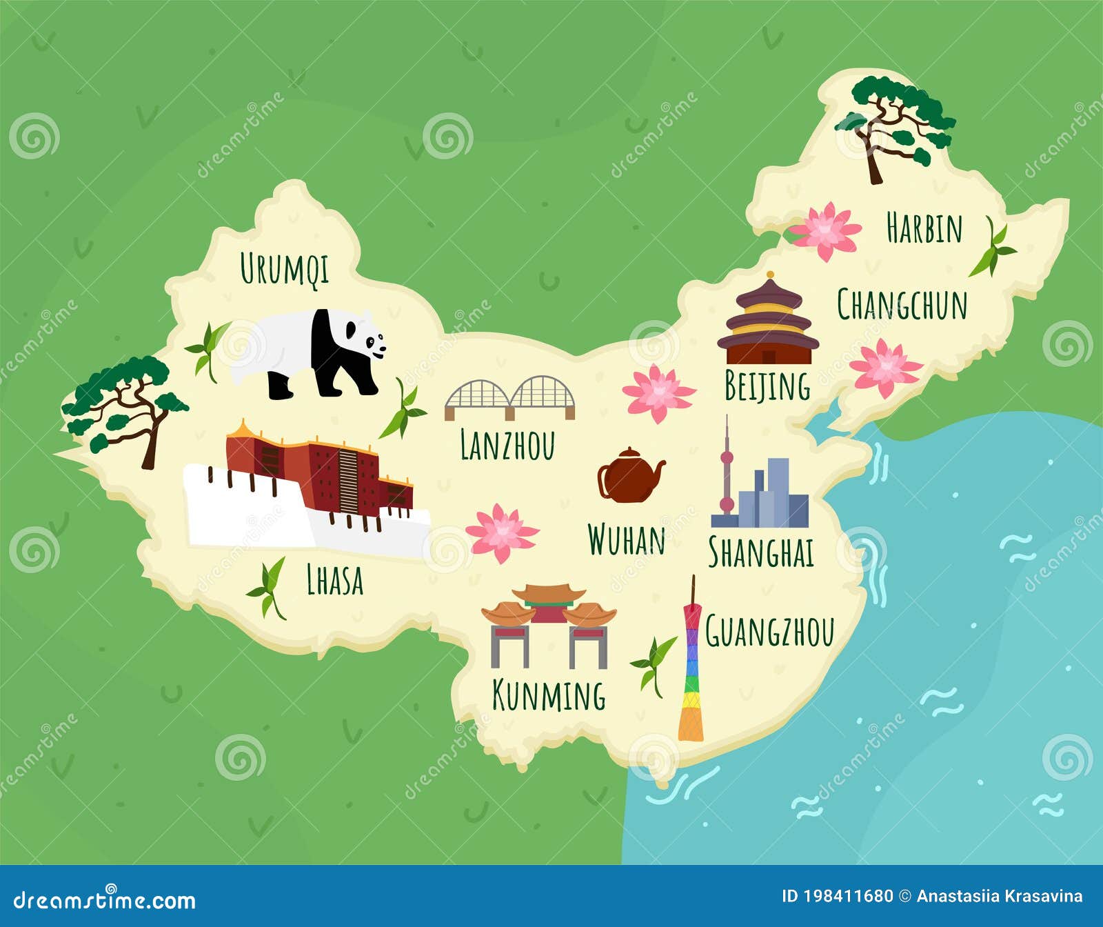 Cartoon Map of China. Travel Illustration with Chineese Landmarks, Buildings, Food and Plants. Funny Tourist Stock Vector - Illustration of oriental, cartoon: 198411680 Cartoon Map of China. Travel Illustration with Chineese Landmarks, Buildings, Food and Plants. Funny Tourist Stock Vector - Illustration of oriental, cartoon: 198411680