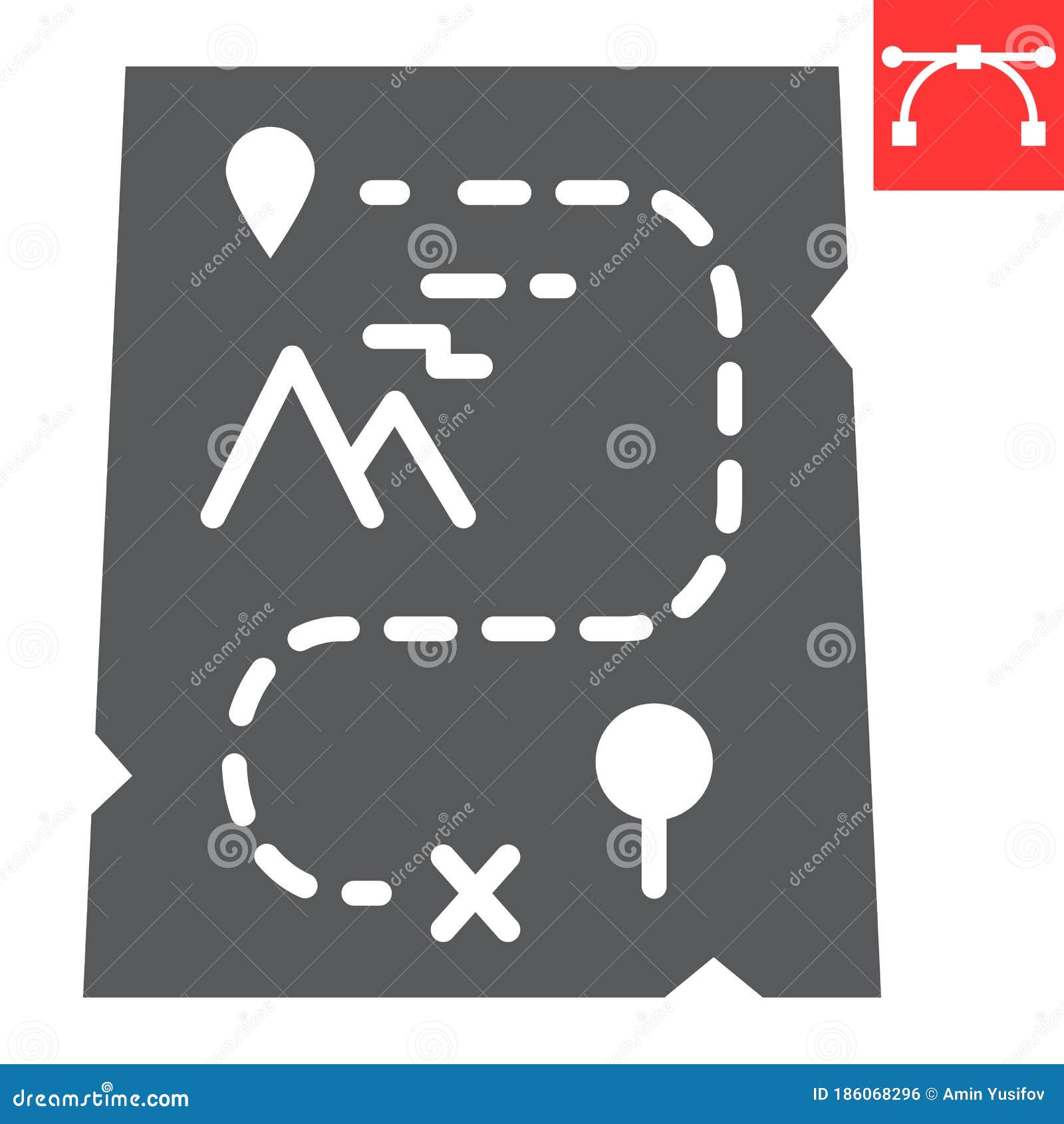 cartoon map glyph icon, video games and treasure, adventure game sign  graphics, editable stroke solid icon, eps