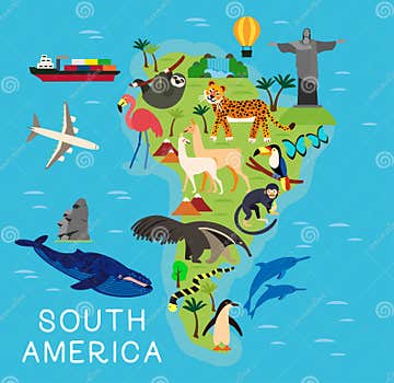 Animal Cartoon Map of South America for Children and Kids. Vector ...