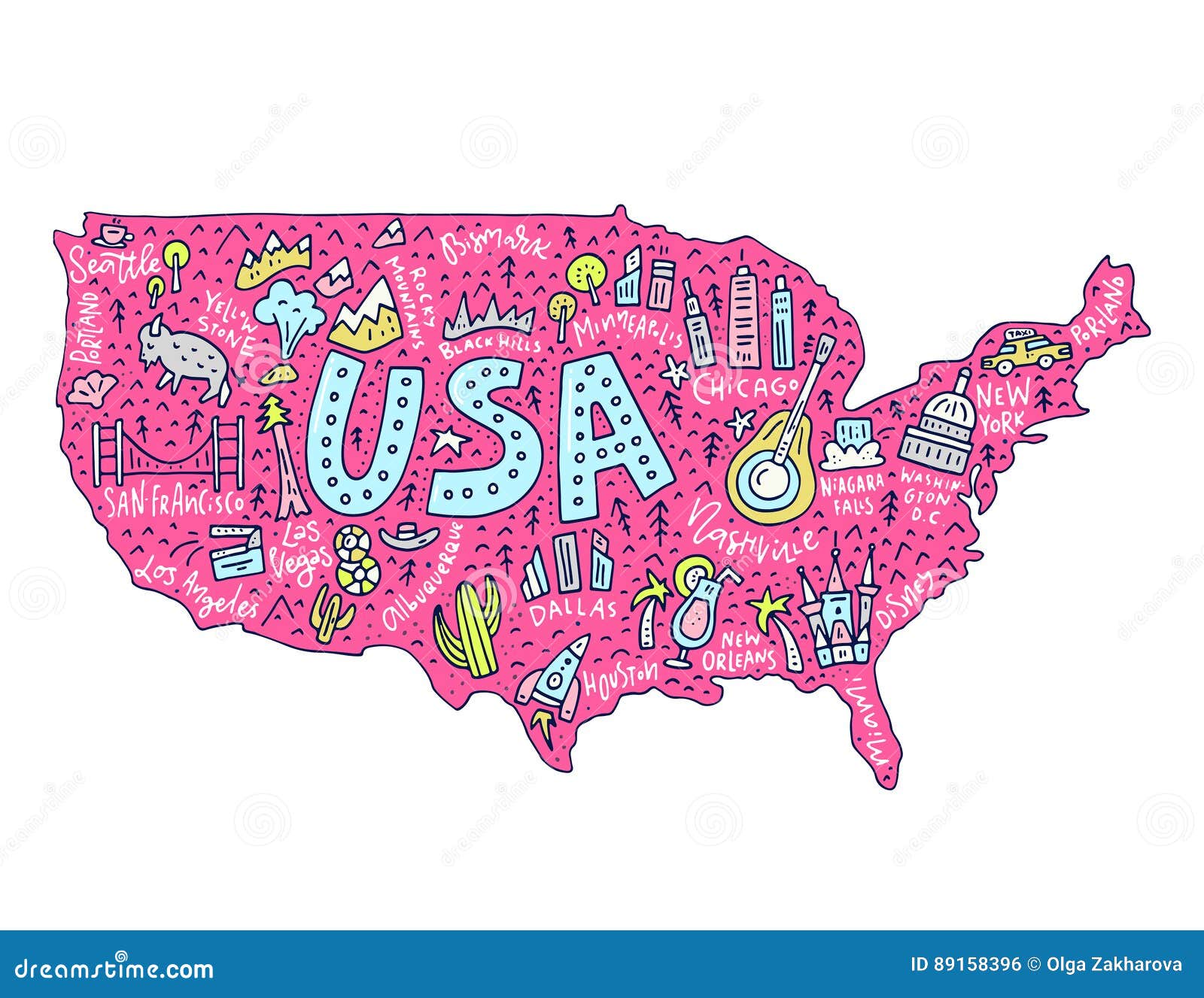Cartoon Map of USA stock vector. Illustration of america - 89158396