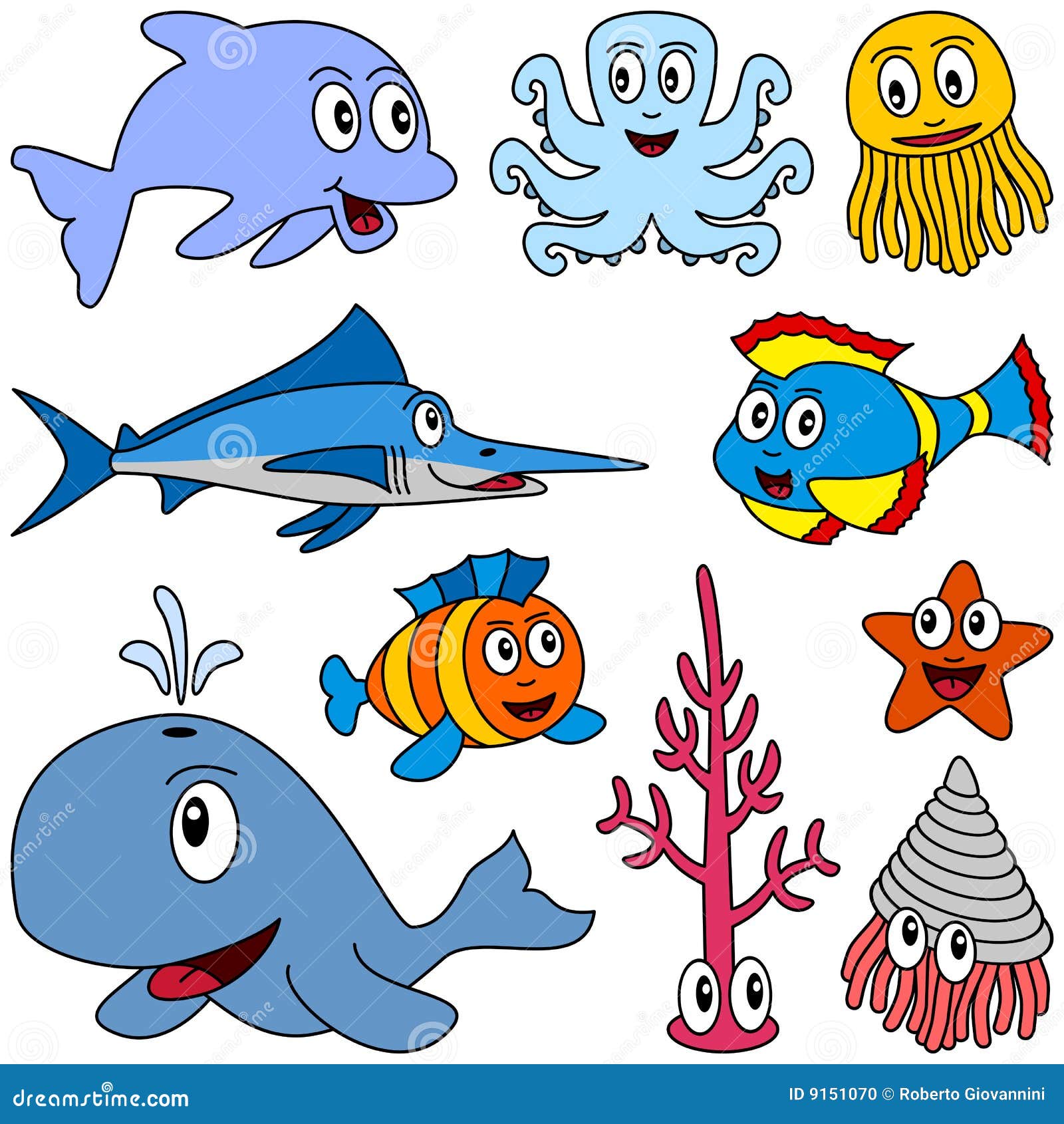 Cartoon Marine Animals Set [1] Stock Vector - Illustration of eyes,  character: 9151070