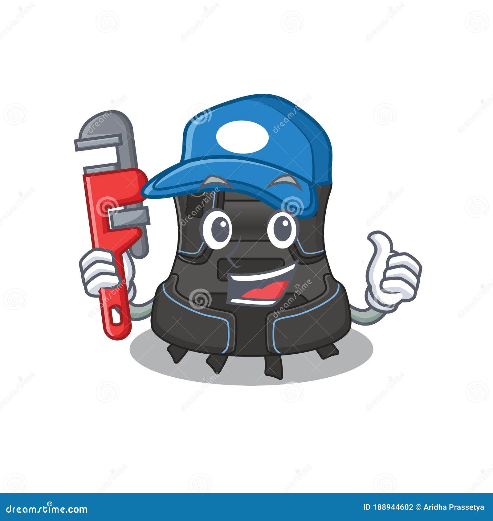 cartoon mascot  of scuba buoyancy compensator as a plumber with tool
