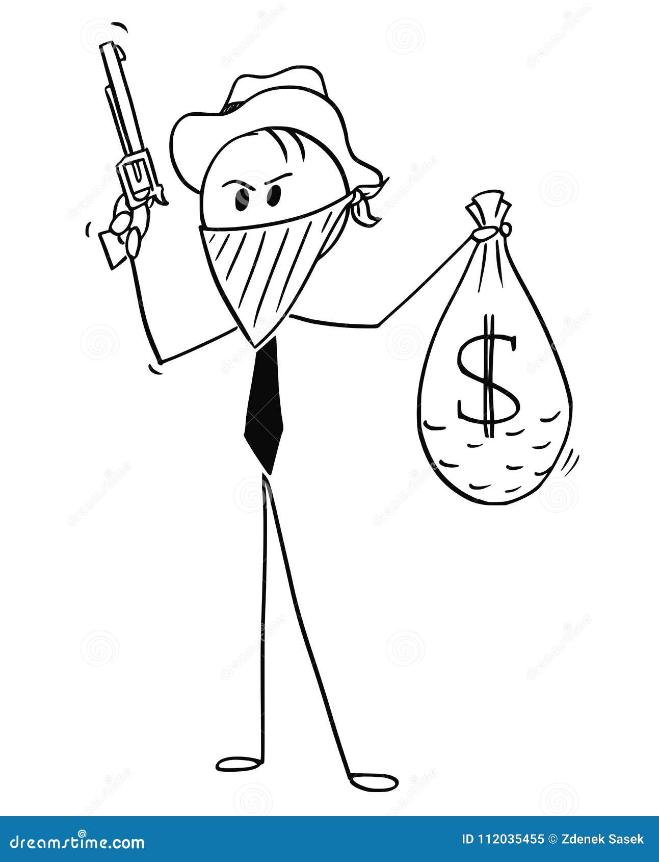 cartoon of masked businessman cowboy robber with bag of stolen dollar money and gun