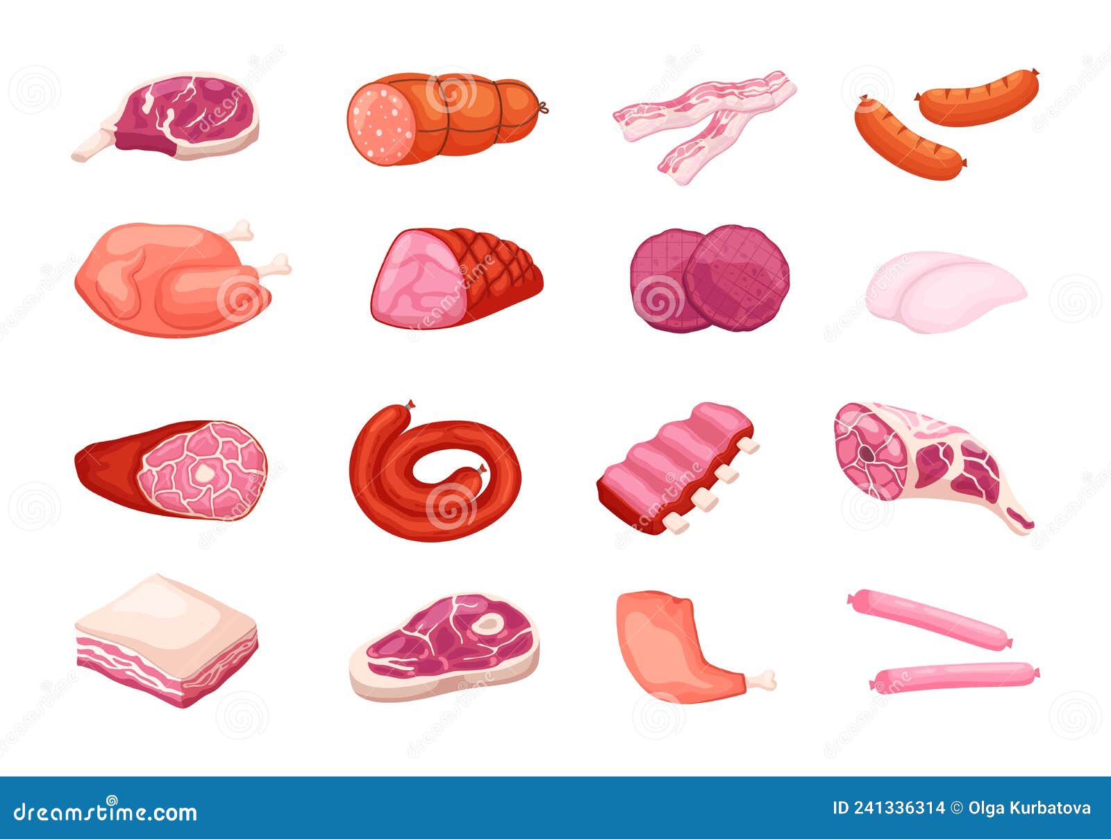 cartoon meat products. raw farm pork, beef steak, chicken and lamb, sausage, bacon and salami, different gastronomic