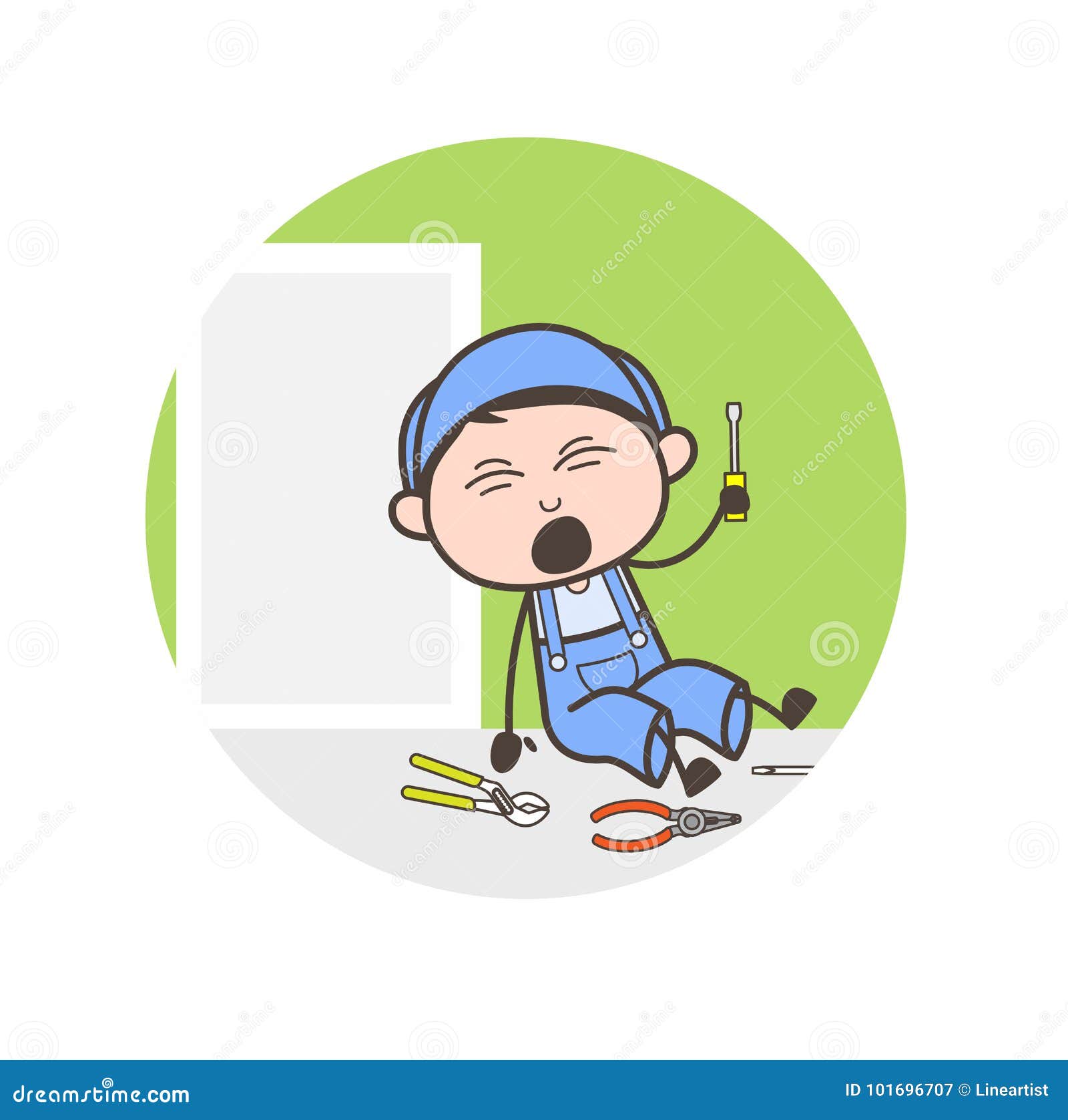 Cartoon Mechanic FellDown With Tools Vector Illustration Stock