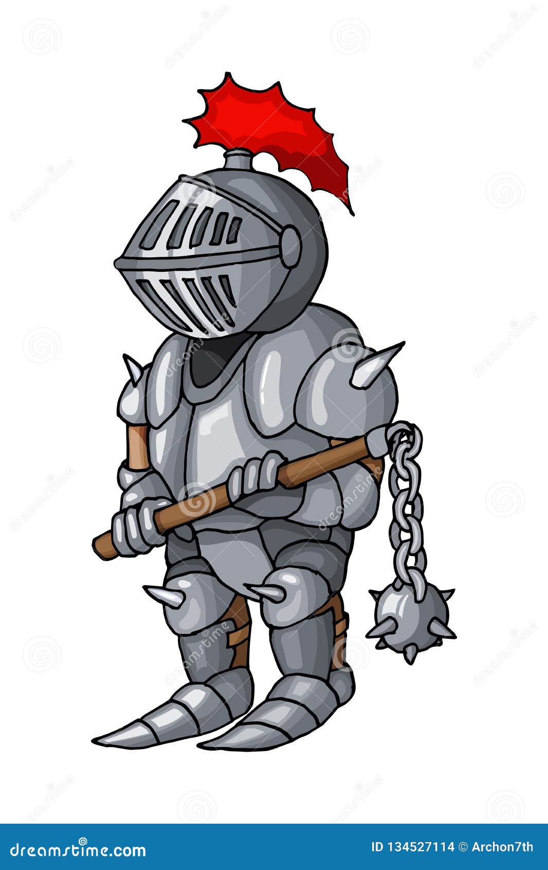 Cartoon Medieval Confident Knight with Morgenstern, Isolated on White
