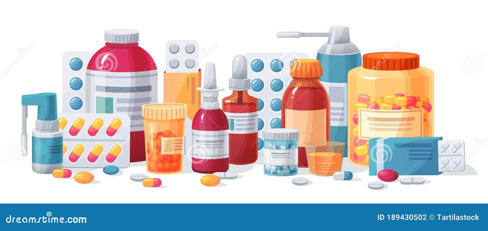 cartoon meds. drugs, tablet capsules and prescription bottles. blisters and painkiller drug  pharmacy medication