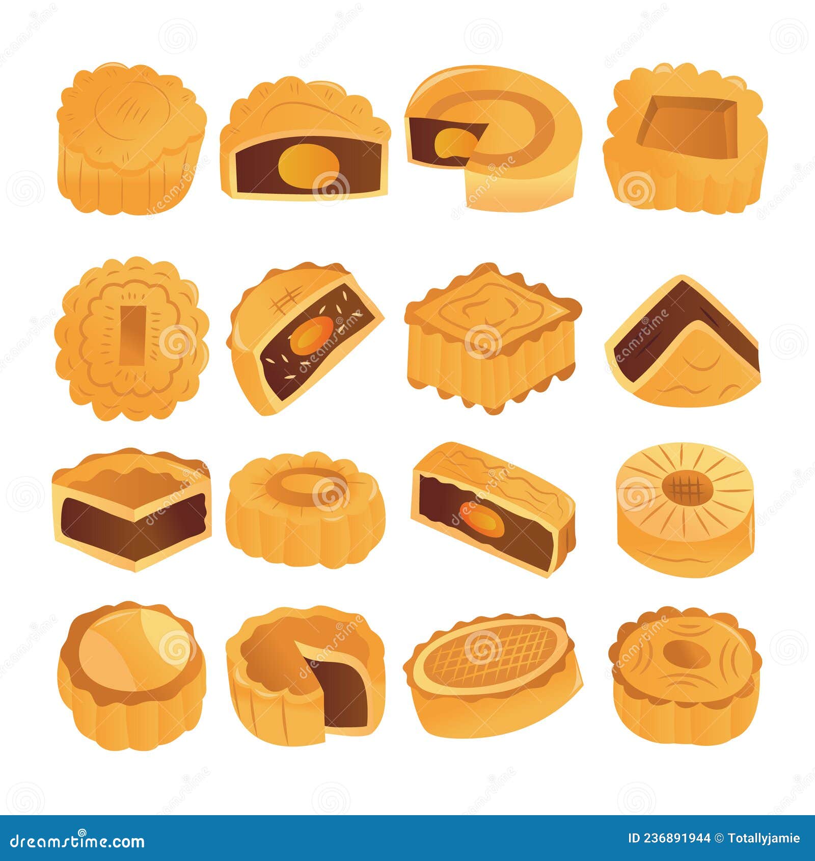 Cartoon Mid Autumn Festival Mooncakes Set. A vector illustration of various mid autumn festival mooncakes set