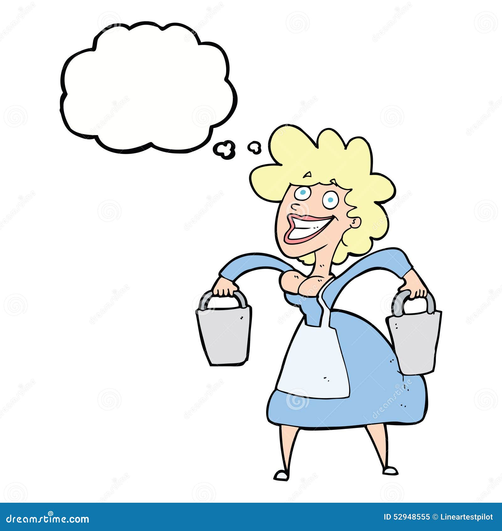 Cartoon Milkmaid Carrying Buckets with Thought Bubble Stock
