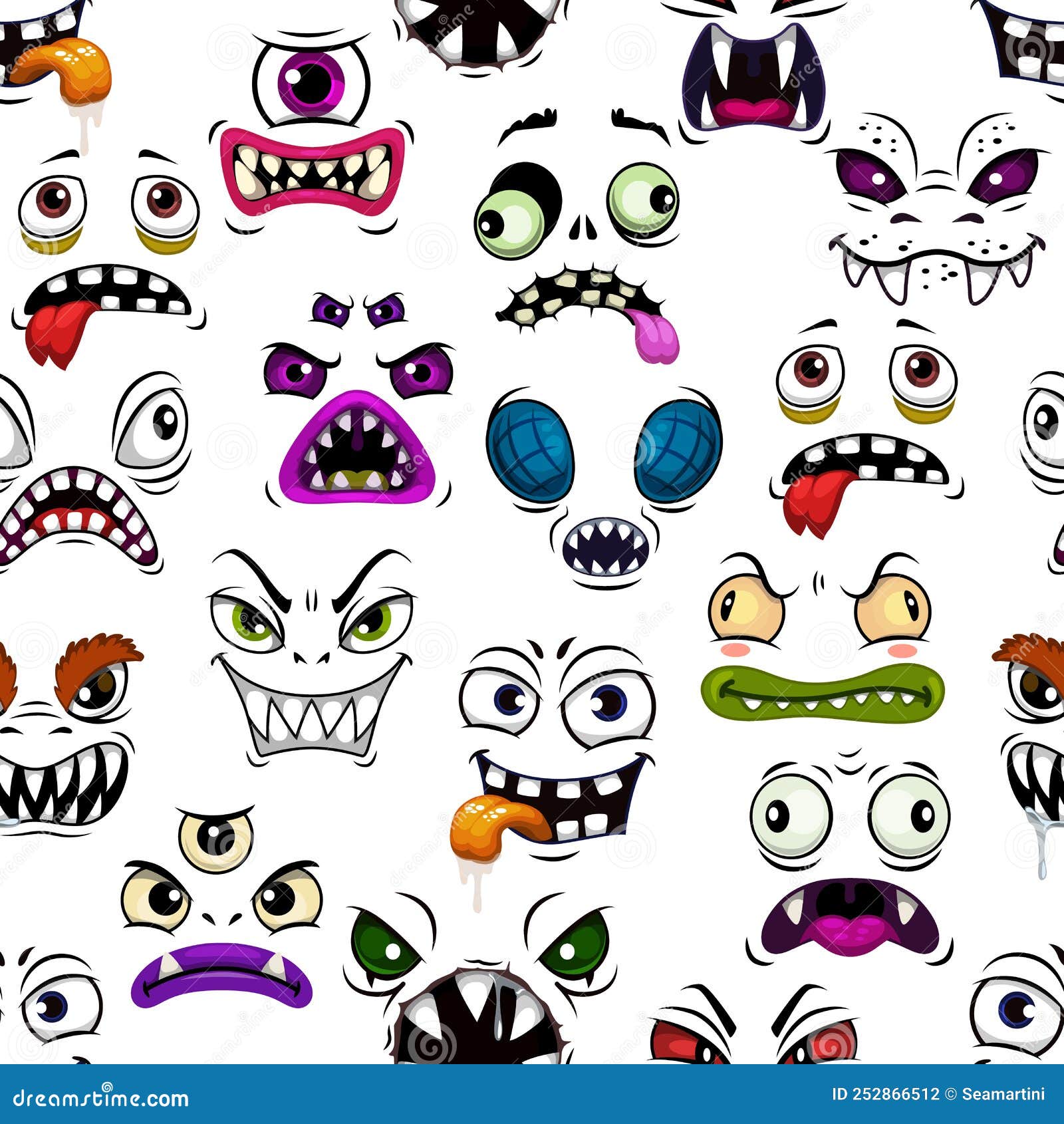 Cartoon Monster Faces Vector Seamless Pattern Stock Illustration ...