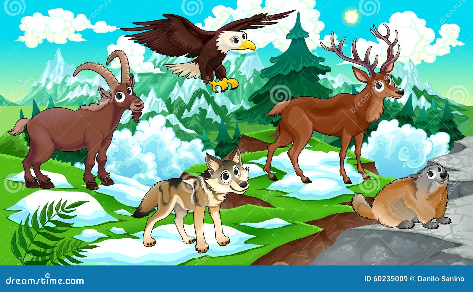 Cartoon Mountain Animals With Landscape Vector Illustration