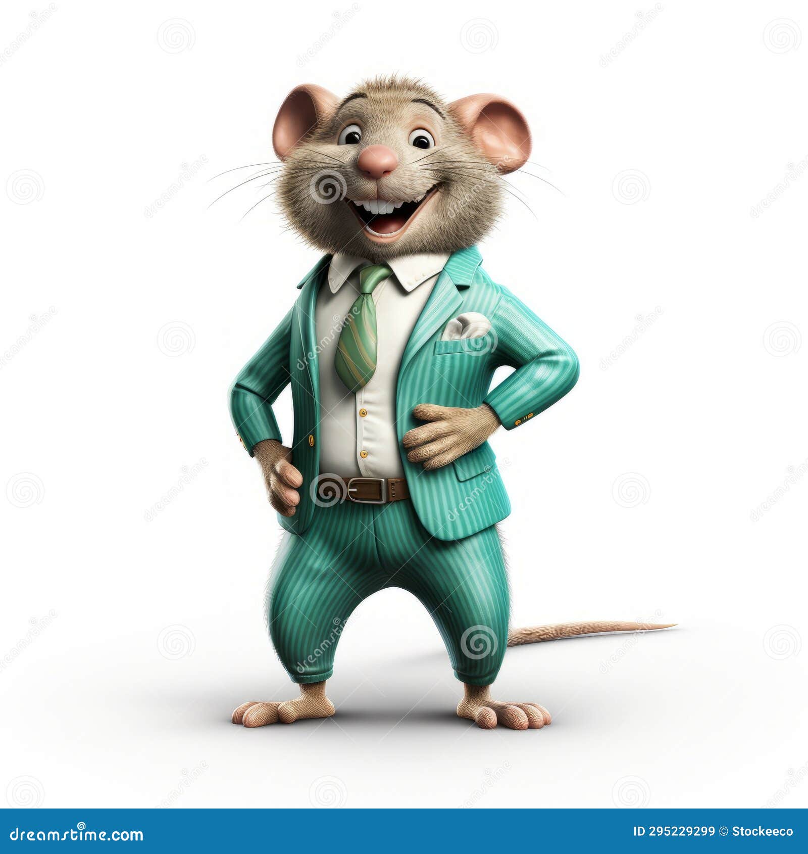 anthropomorphic rat in blue suit: photorealistic cartoonish caricature