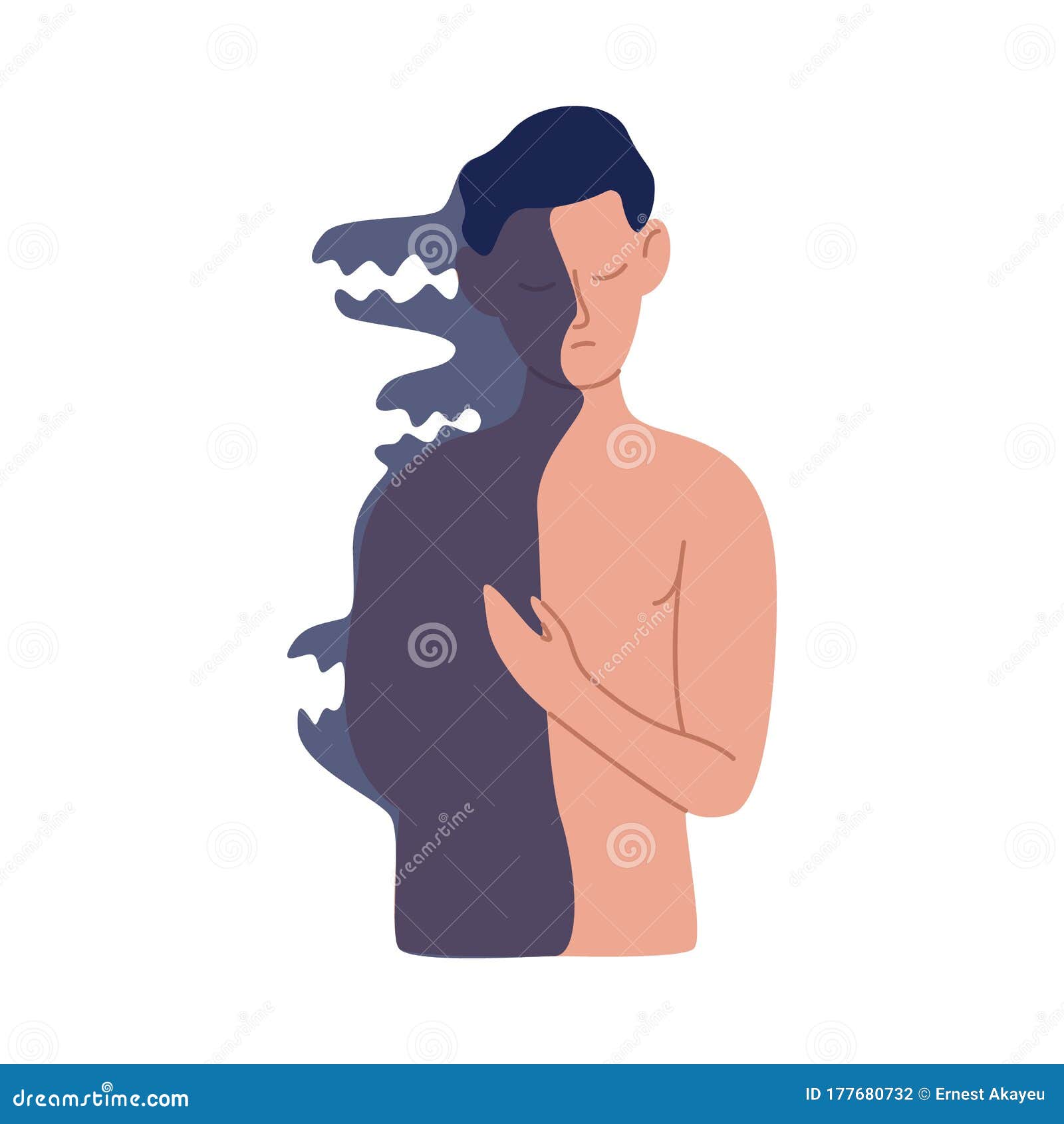 cartoon naked man posing with half shadow body  flat . duality male having dark side of personality