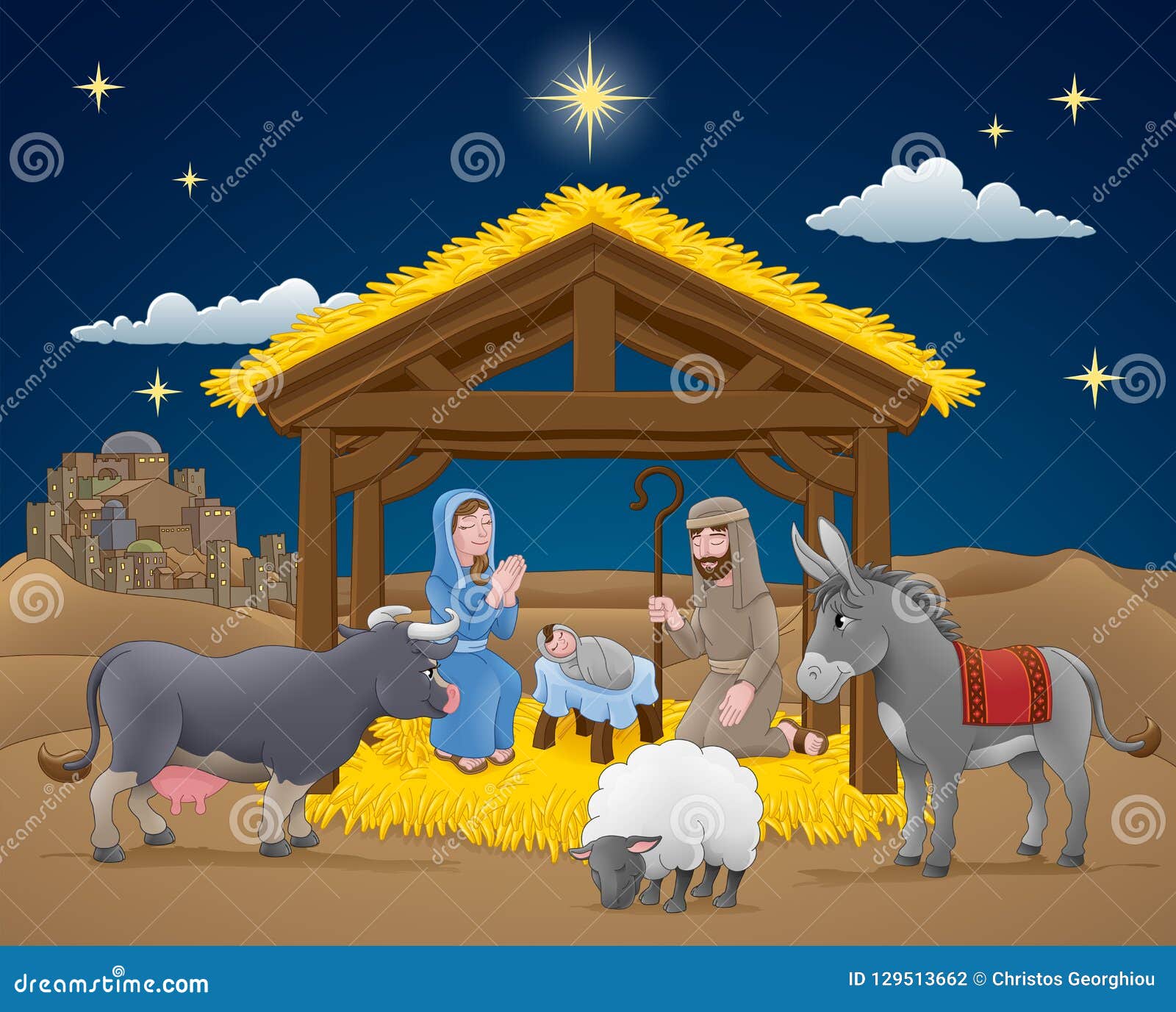 Cartoon Nativity Christmas Scene Stock Vector - Illustration of holiday