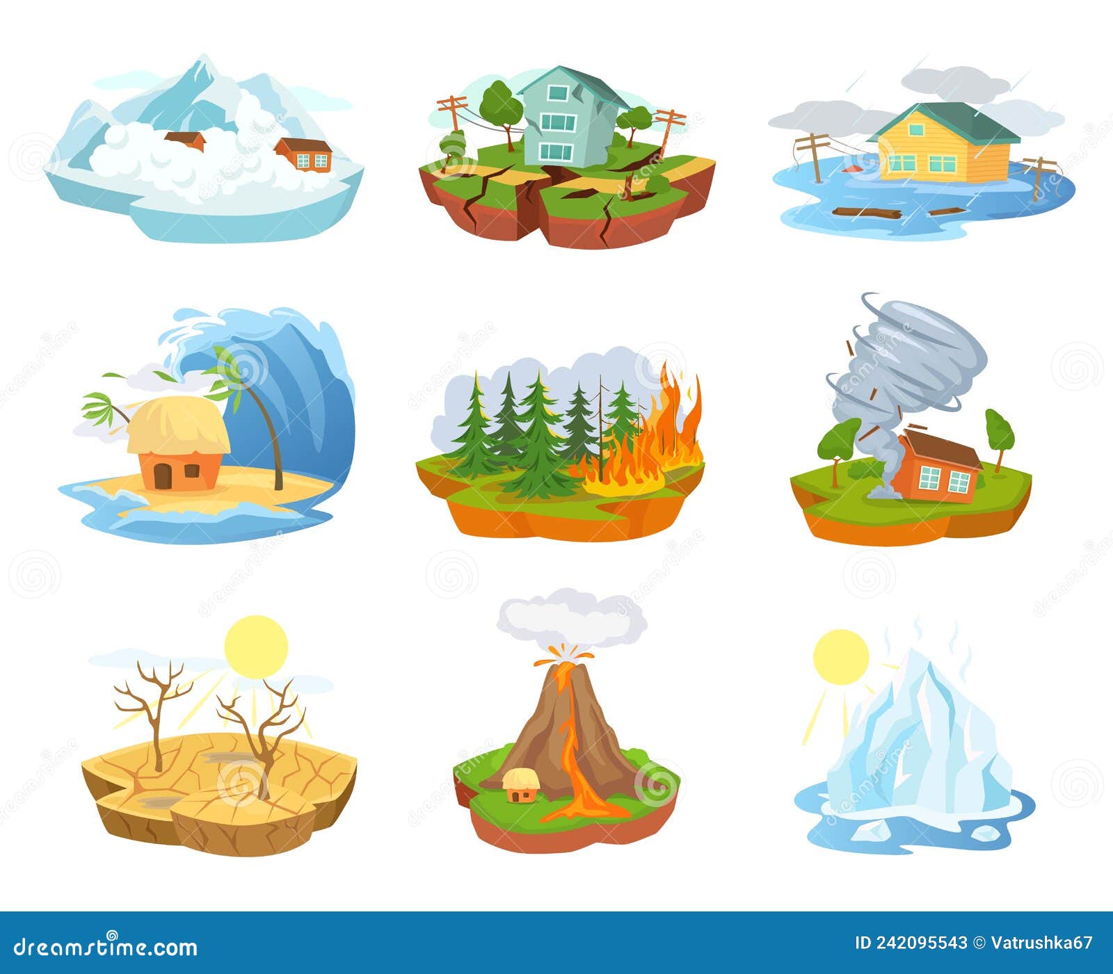 Cartoon Natural Disasters and Catastrophes, Extreme Weather. Earthquake,  Flood, Forest Fire, Hurricane, Tsunami Disaster Stock Vector - Illustration  of damage, wind: 242095543