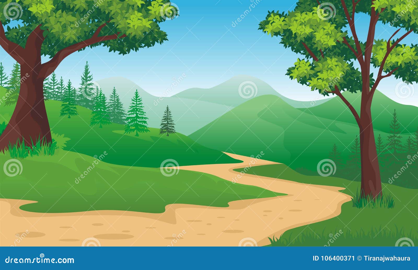 cartoon nature landscape path over the mountains