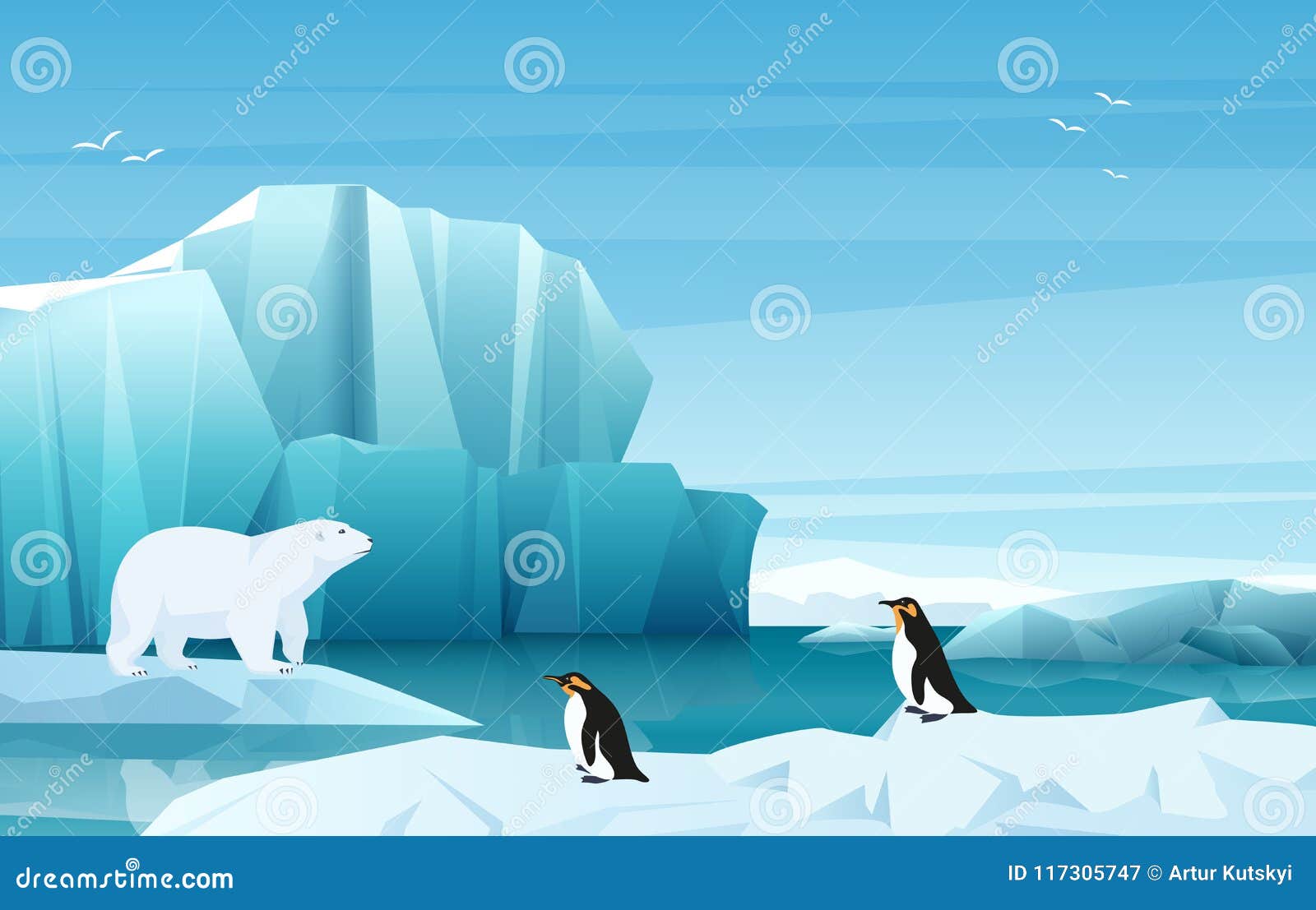 cartoon nature winter arctic landscape with ice mountains. white bear and penguins.  game style .