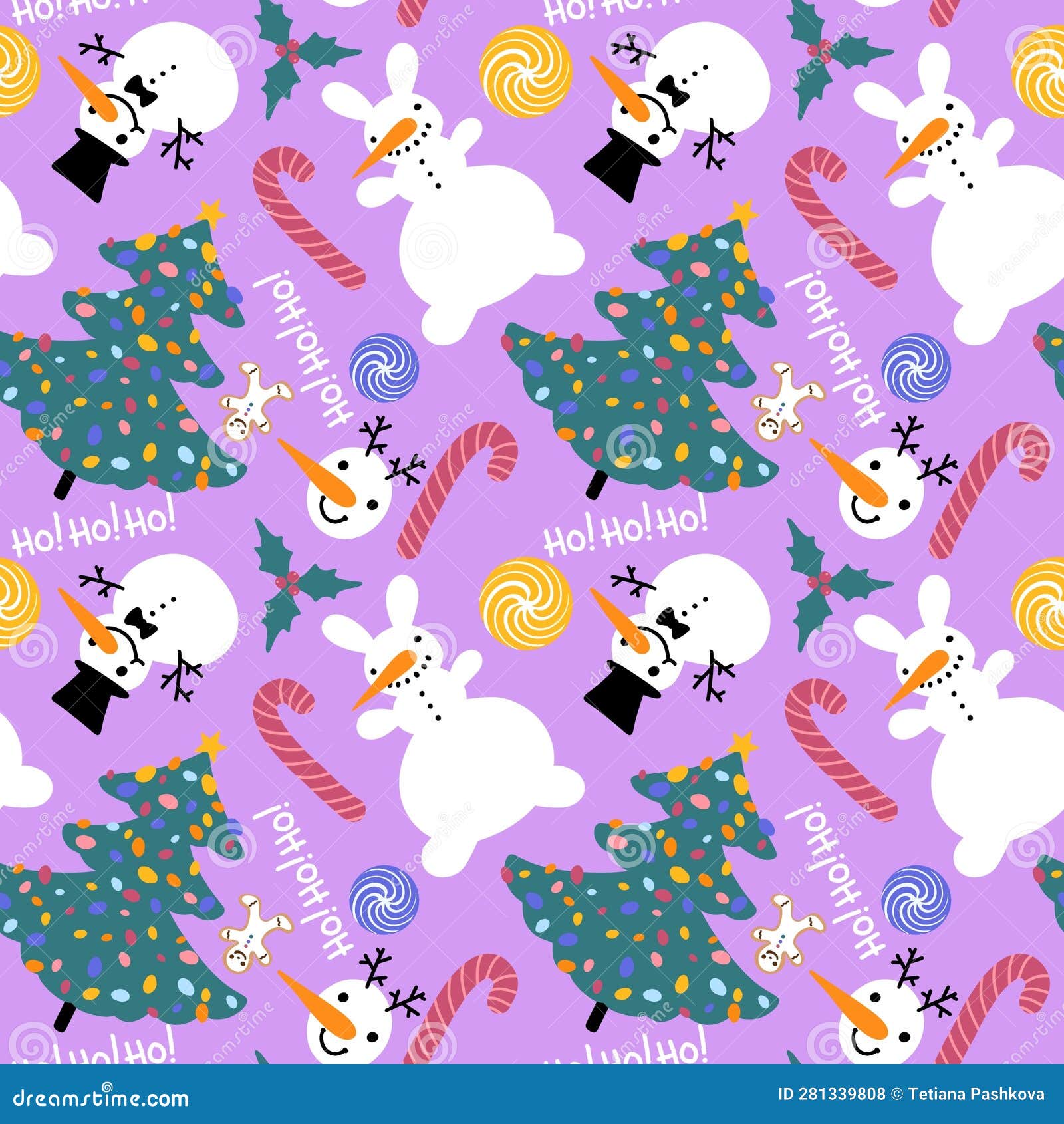 cartoon new year seamless christmas tree and snowman and candy and mistletoe pattern for wrapping paper