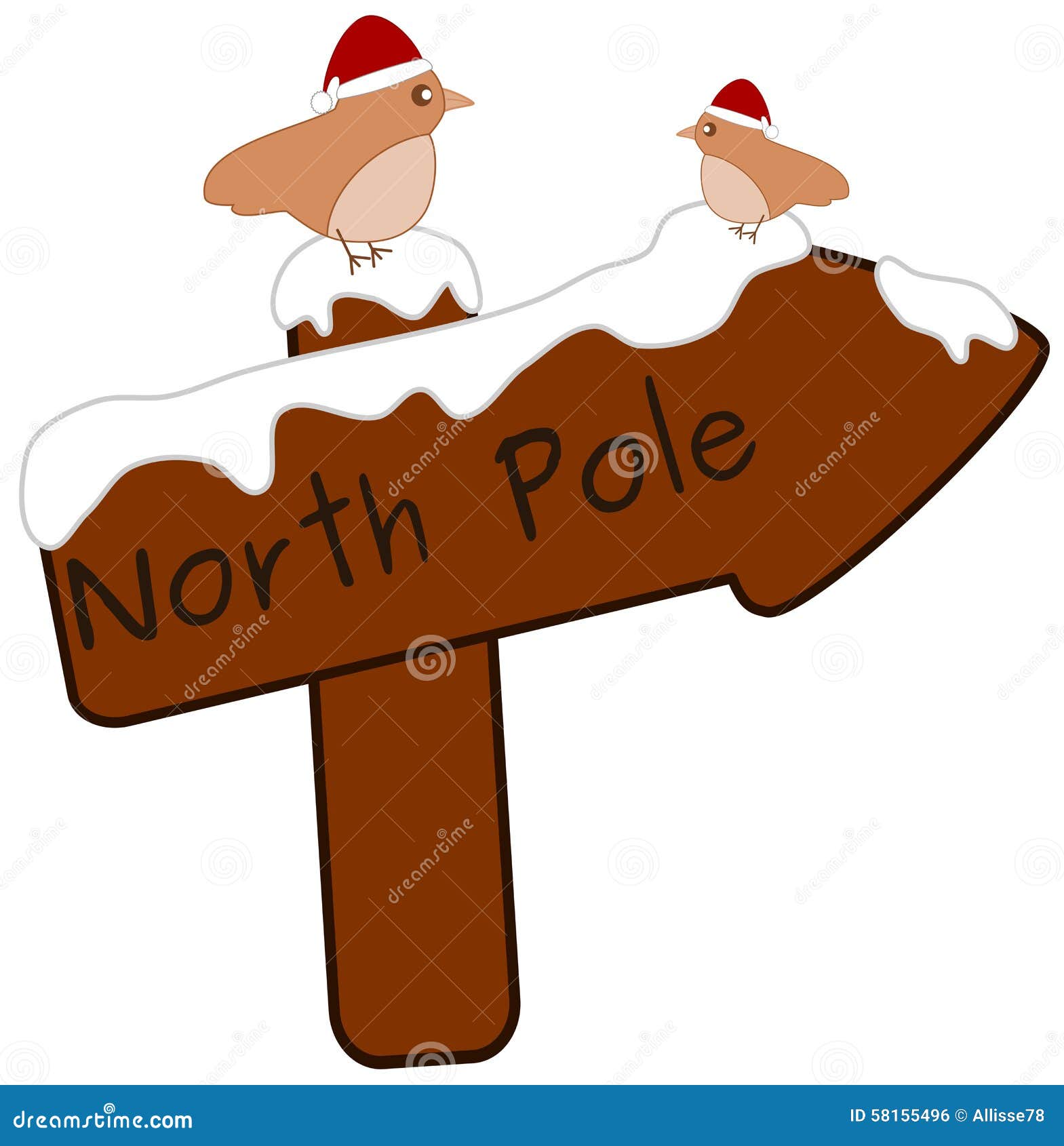 Stock Vector: Cartoon north pole wood sign with cute little birds with 