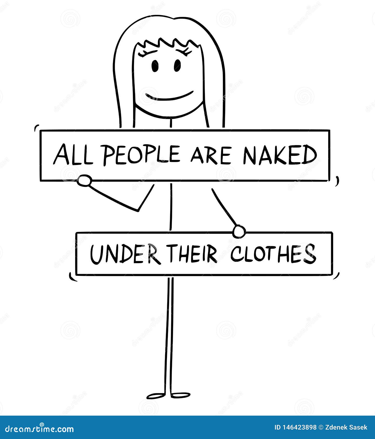 Cartoon of Front of Naked or Nude Stick Figure - Stock